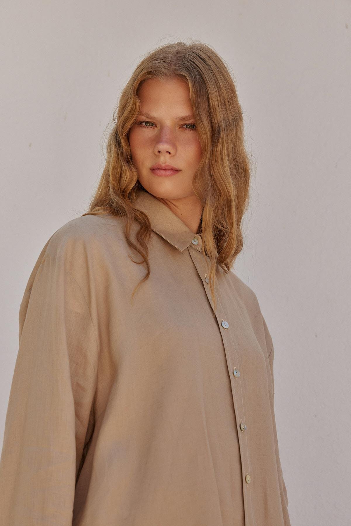 Sofya Linen Oversize Gömlek - Vizon