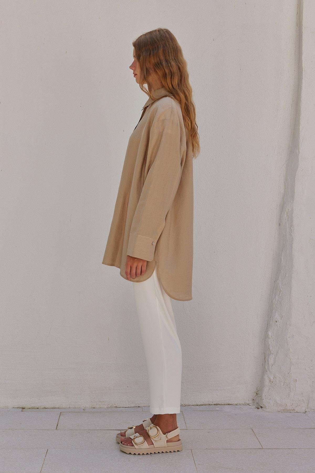 Sofya Linen Oversize Gömlek - Vizon