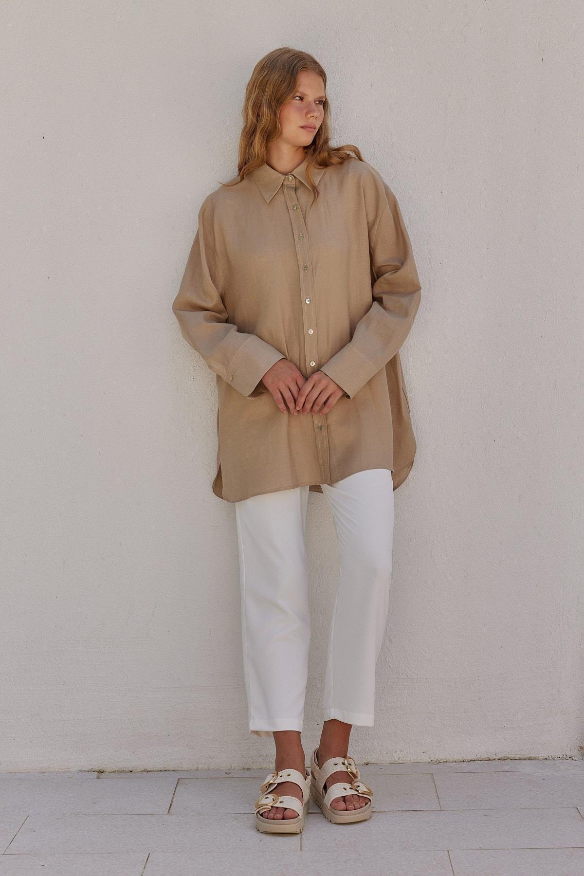 Sofya Linen Oversize Gömlek - Vizon