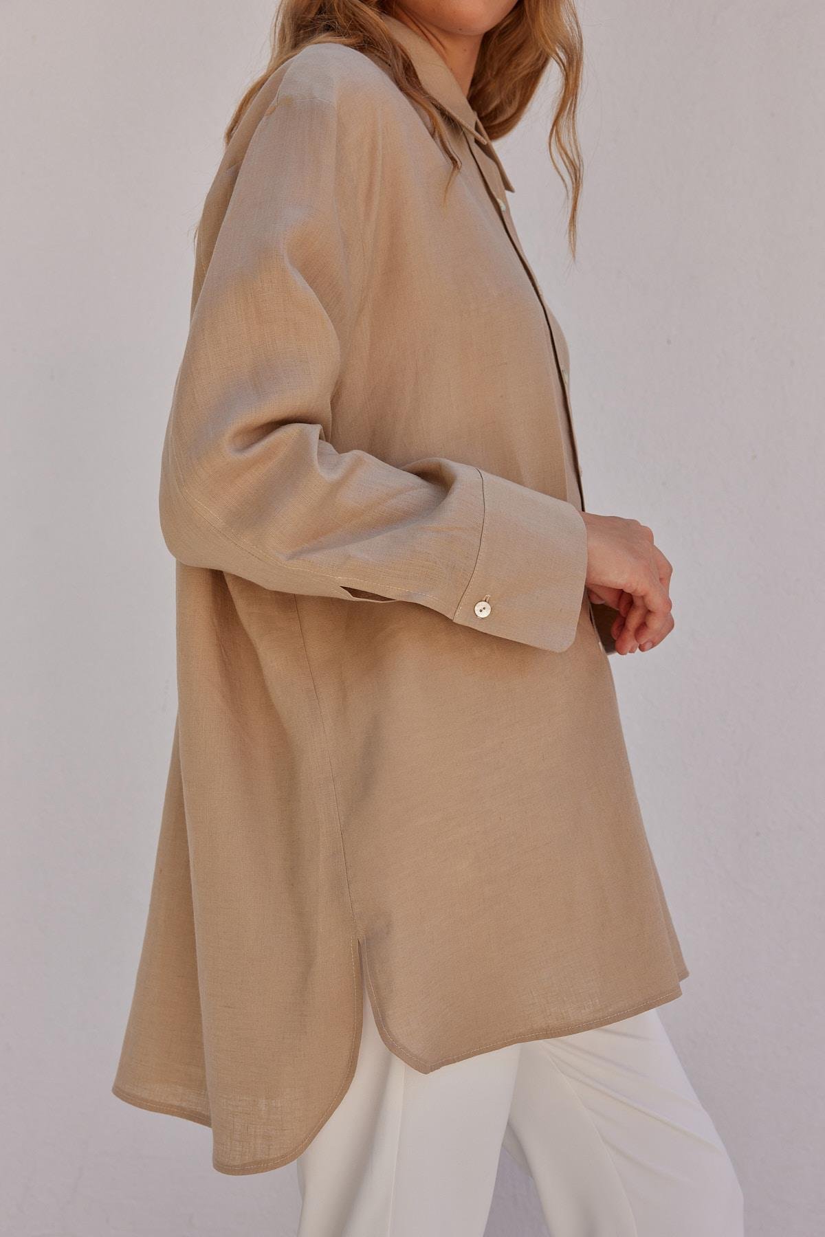 Sofya Linen Oversize Gömlek - Vizon