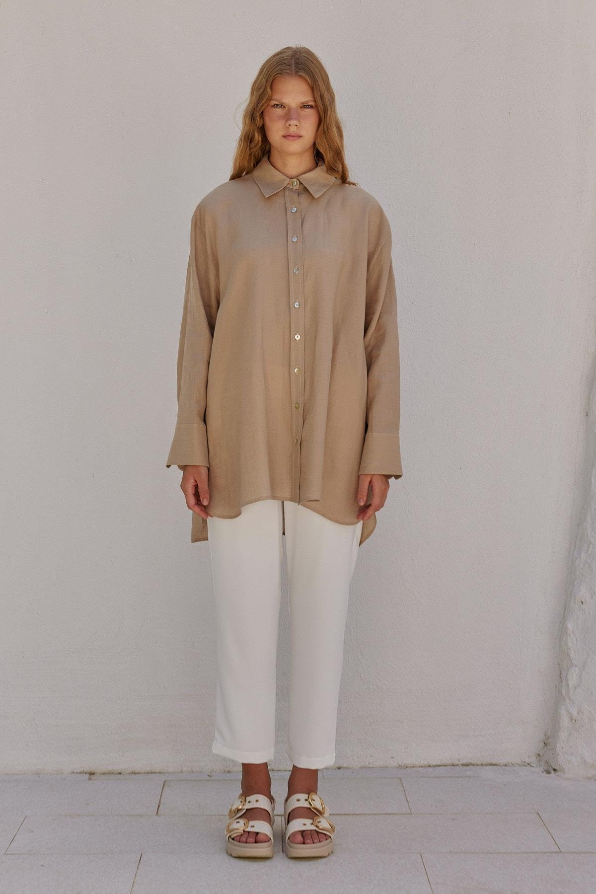 Sofya Linen Oversize Gömlek - Vizon