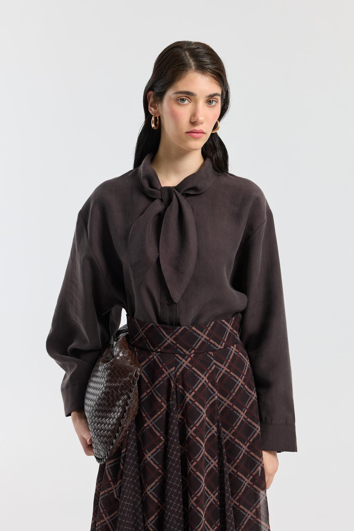 Sonya Desenli Şifon Parçalı Etek - Acı kahve