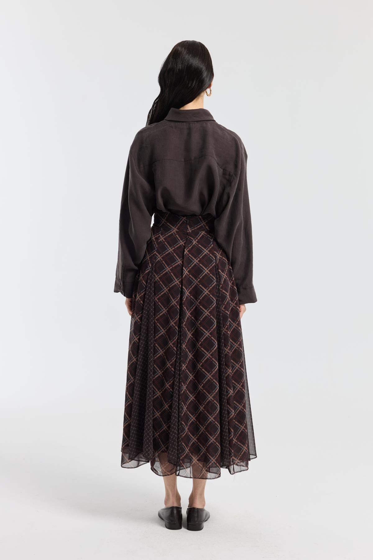 Sonya Desenli Şifon Parçalı Etek - Acı kahve