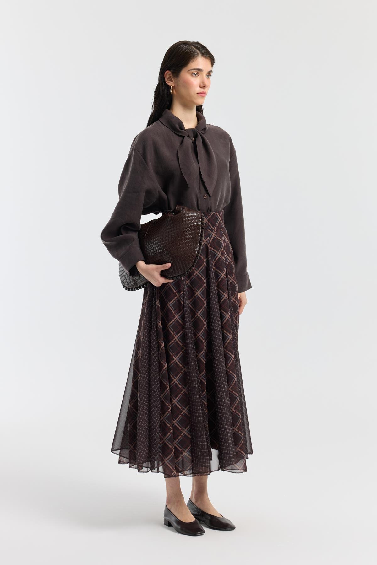 Sonya Desenli Şifon Parçalı Etek - Acı kahve