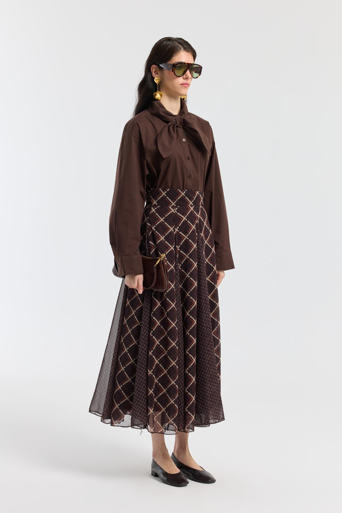 Sonya Desenli Şifon Parçalı Etek - Camel