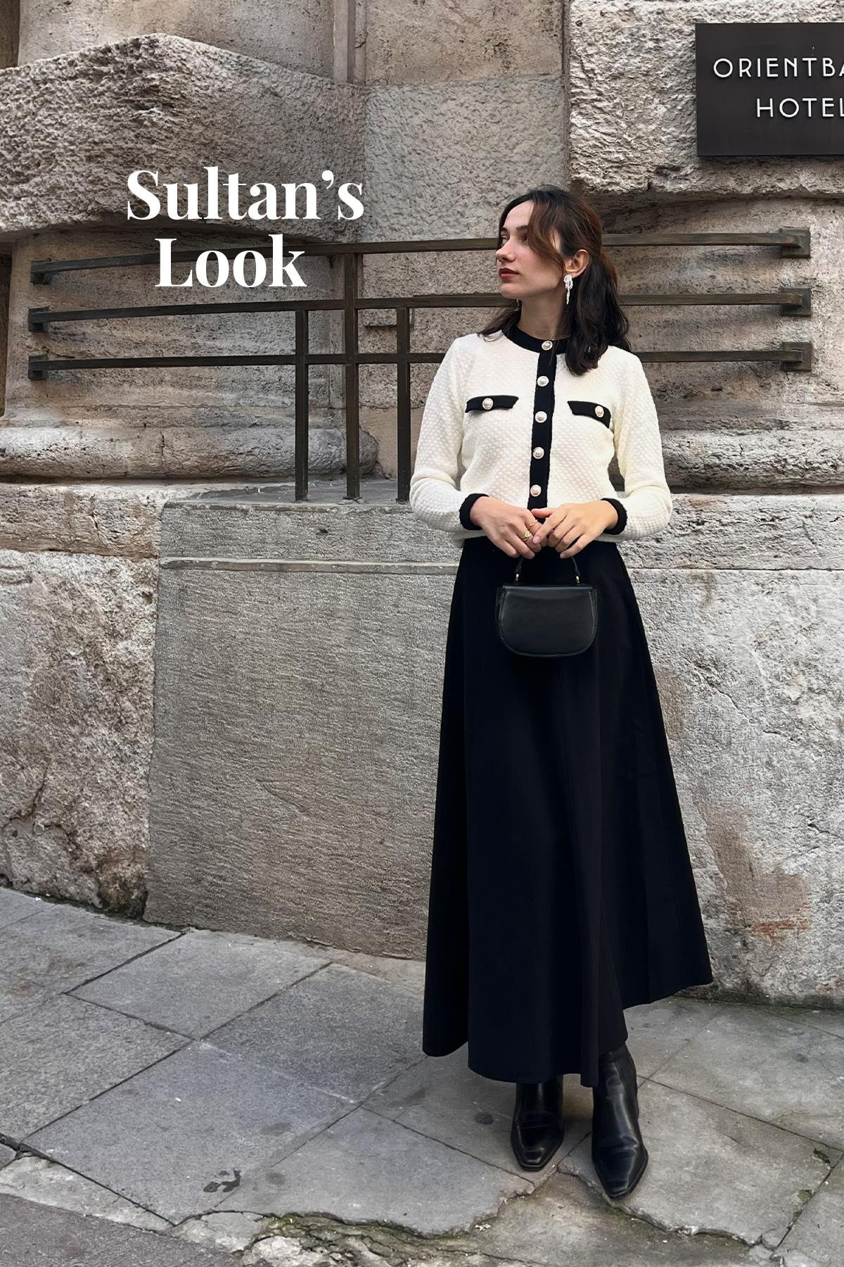 SULTAN'IN DİVA İNCİ DÜĞME ÖRME HIRKA VE ANNA GABARDİN ETEK KOMBİNİ 