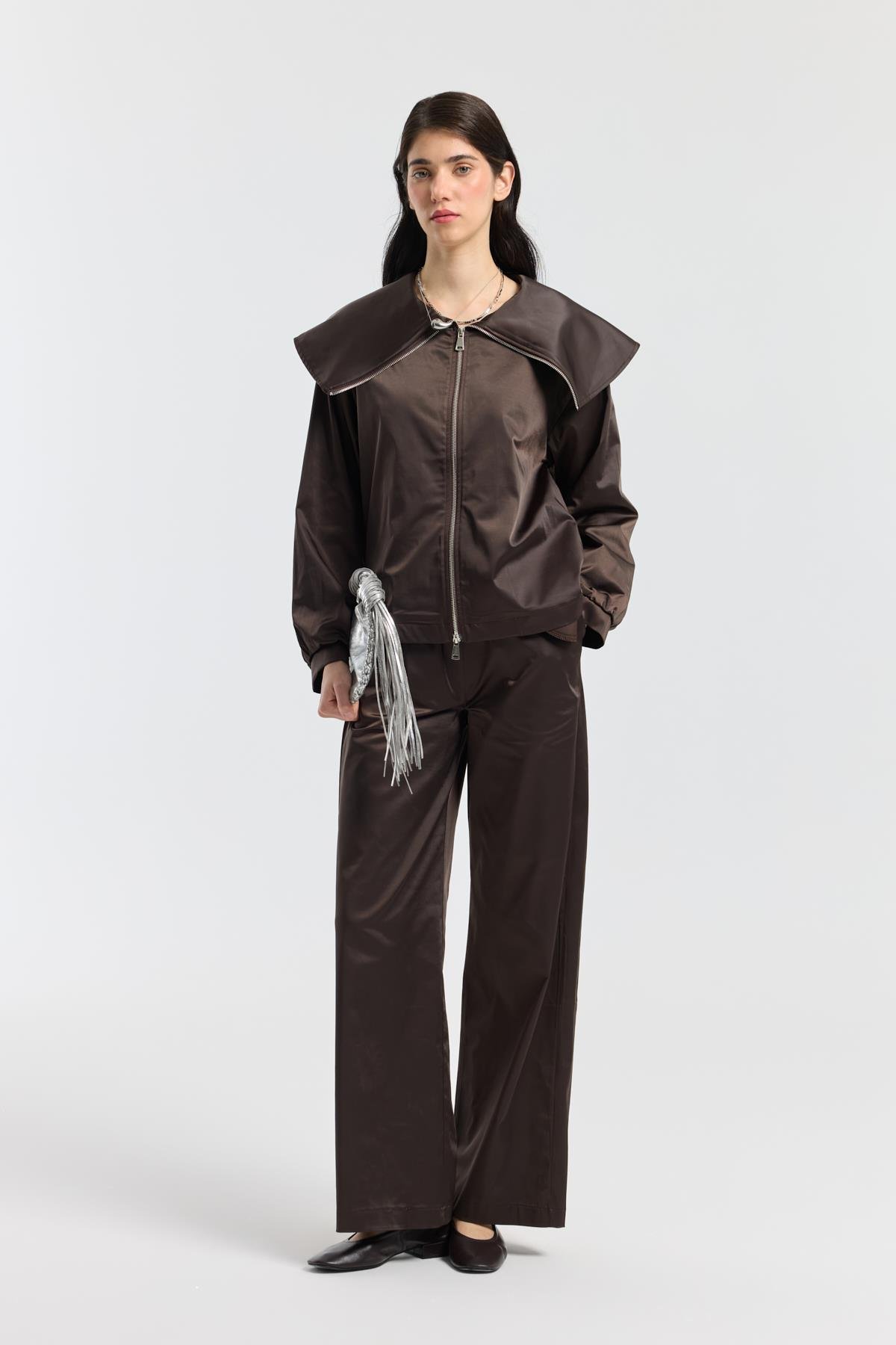 Sunday Denizci Yaka Saten Takım - Kahverengi