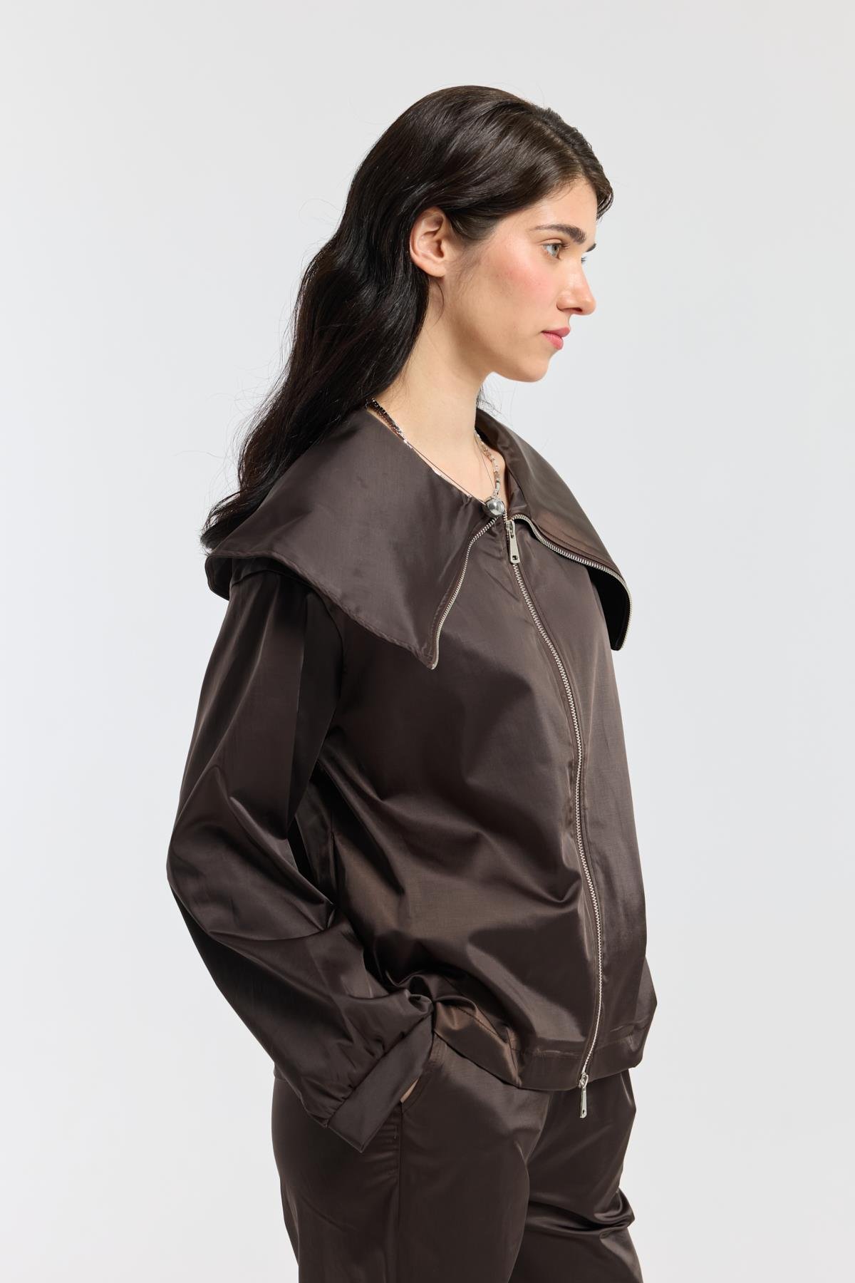 Sunday Denizci Yaka Saten Takım - Kahverengi