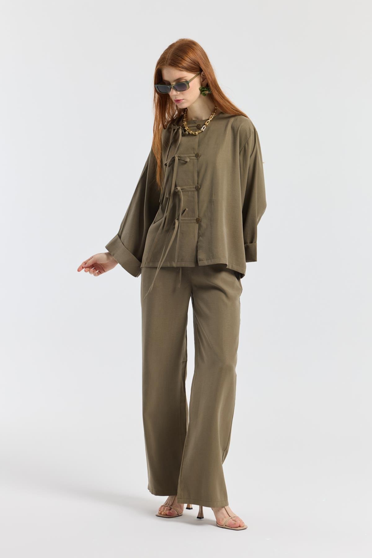 Suzan Britt Düğme Kapamalı Modal Takım - Haki 