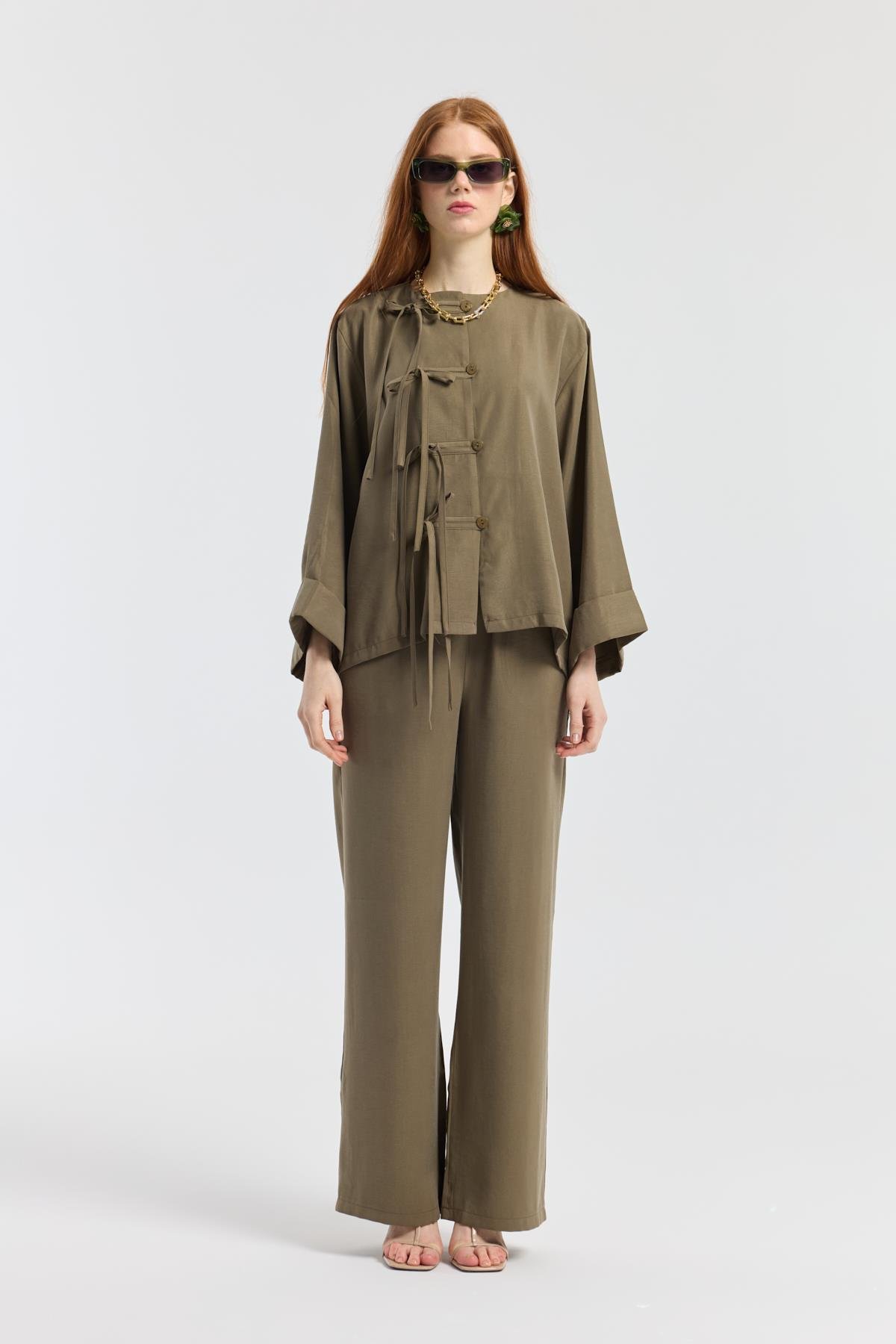 Suzan Britt Düğme Kapamalı Modal Takım - Haki 