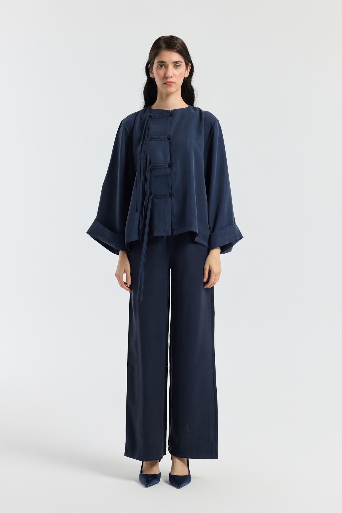 Suzan Britt Düğme Kapamalı Modal Takım - Lacivert