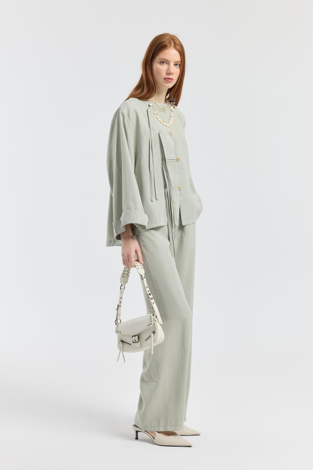 Suzan Britt Düğme Kapamalı Modal Takım  - Taş