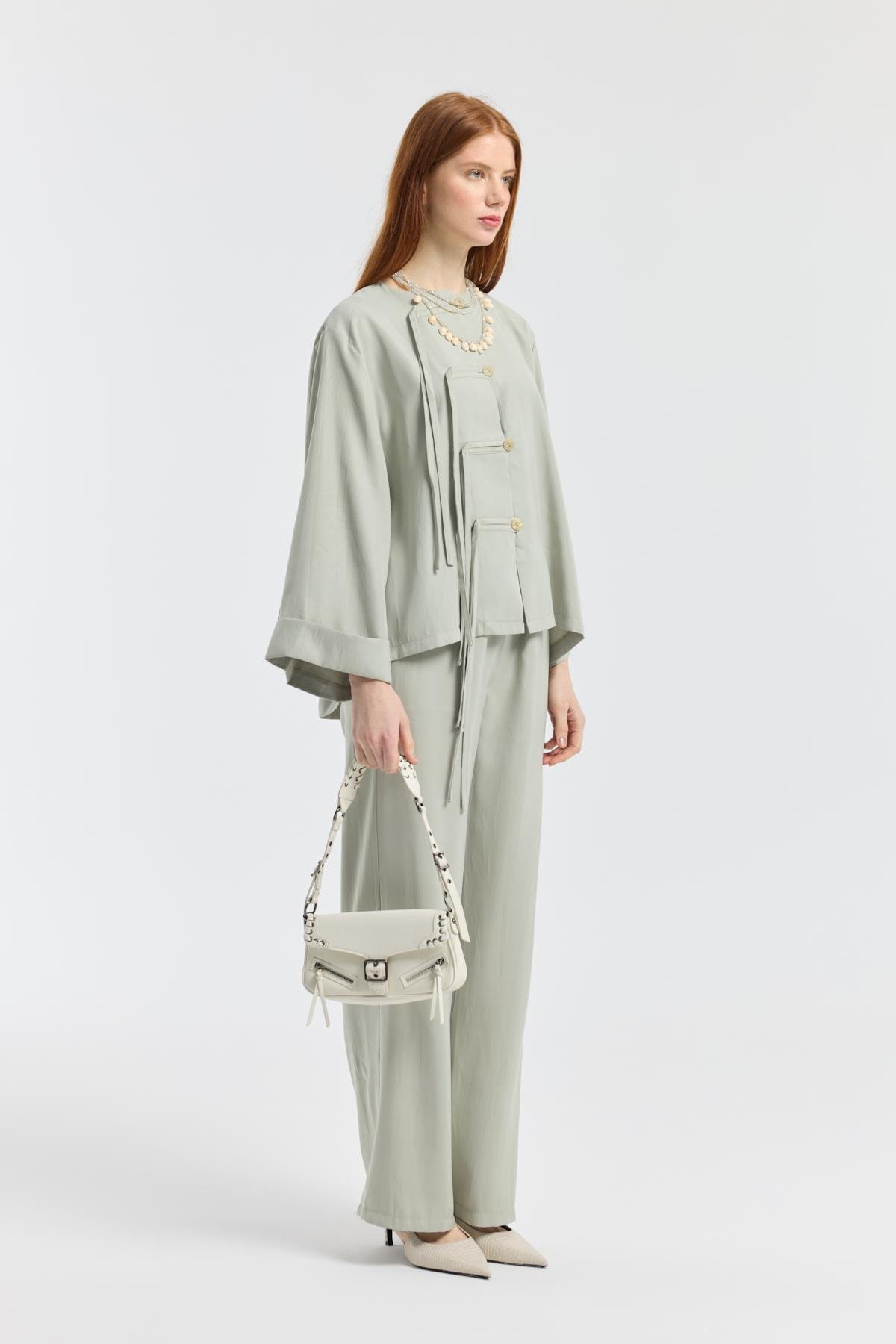 Suzan Britt Düğme Kapamalı Modal Takım  - Taş