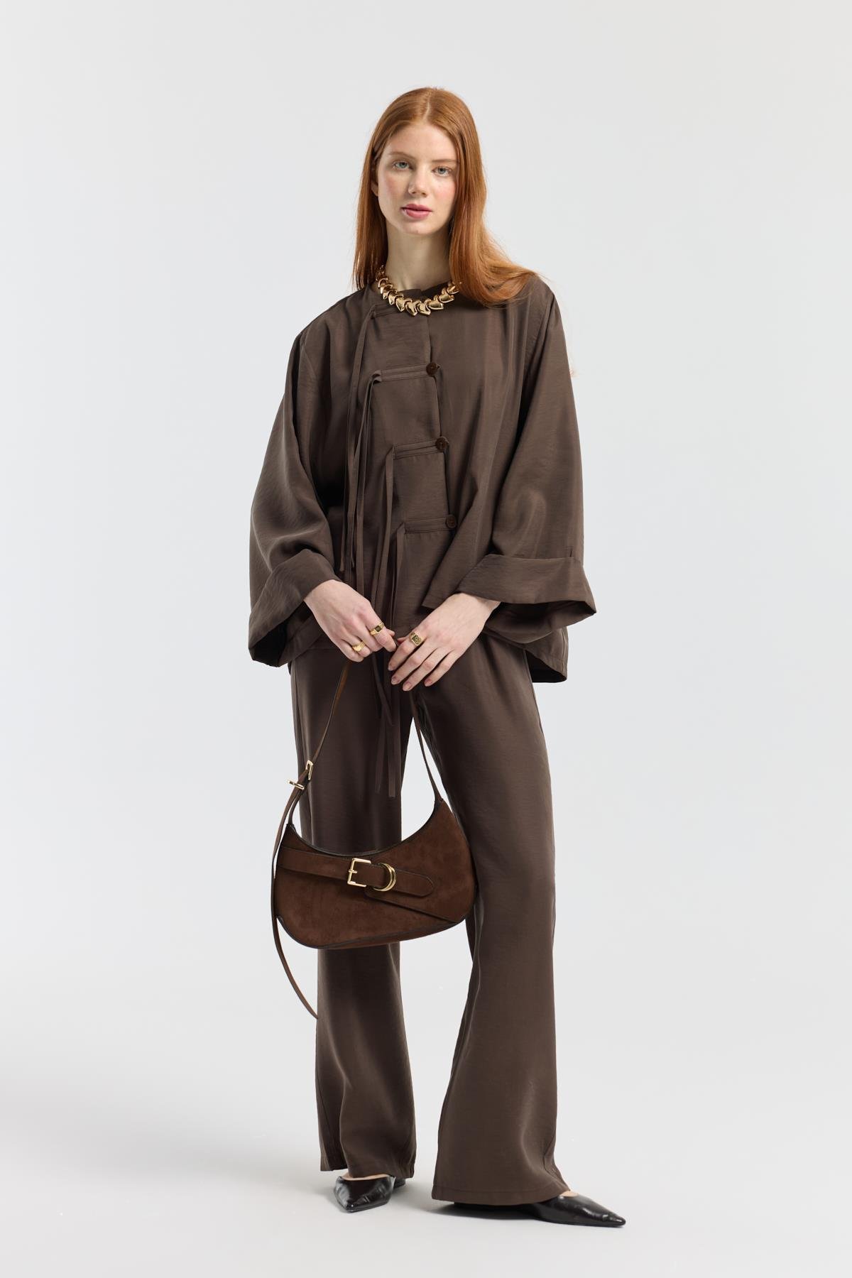 Suzan Britt Düğme Kapamalı Modal Takım  - Kahve