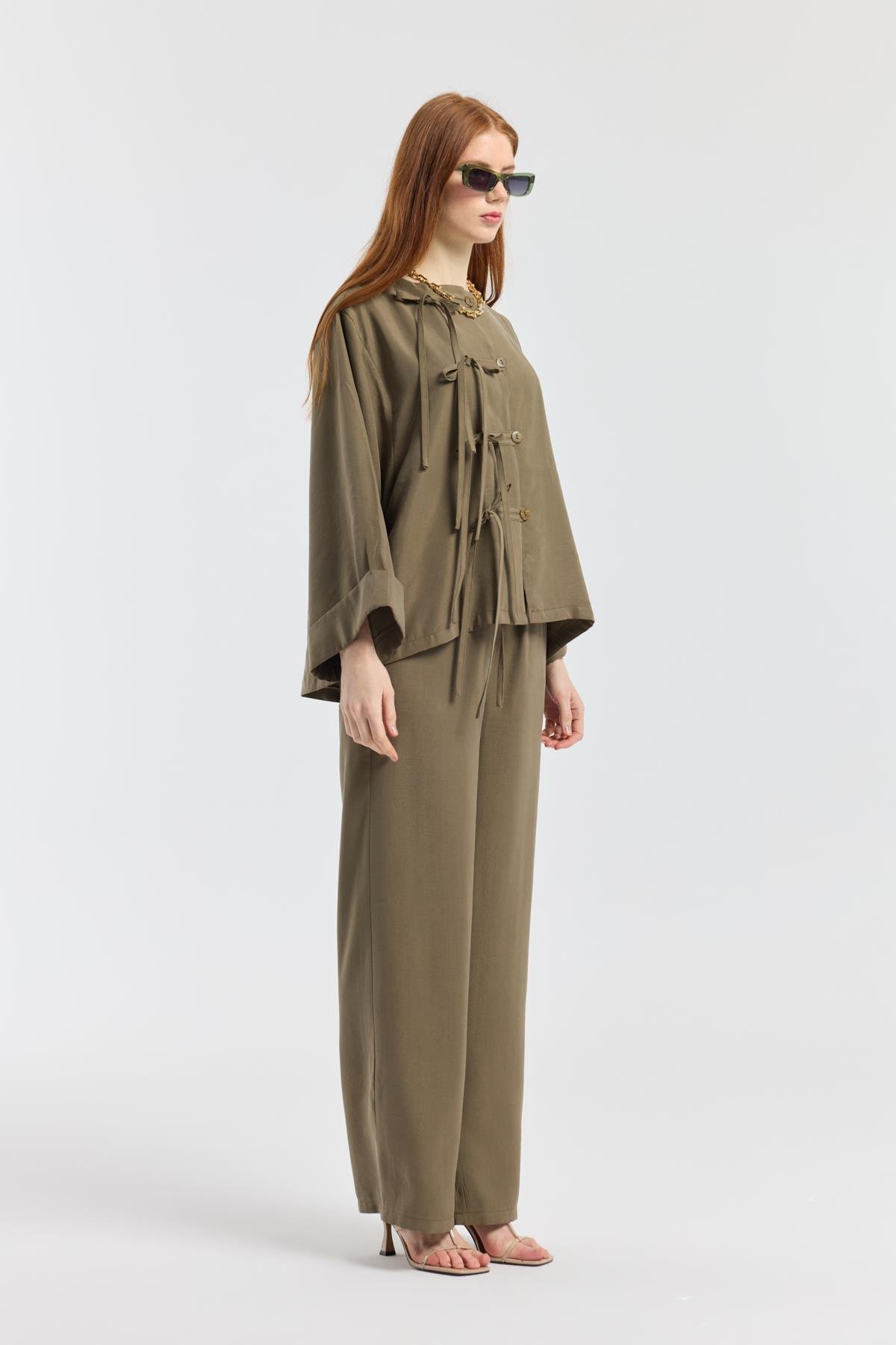 Suzan Britt Düğme Kapamalı Modal Takım - Haki 