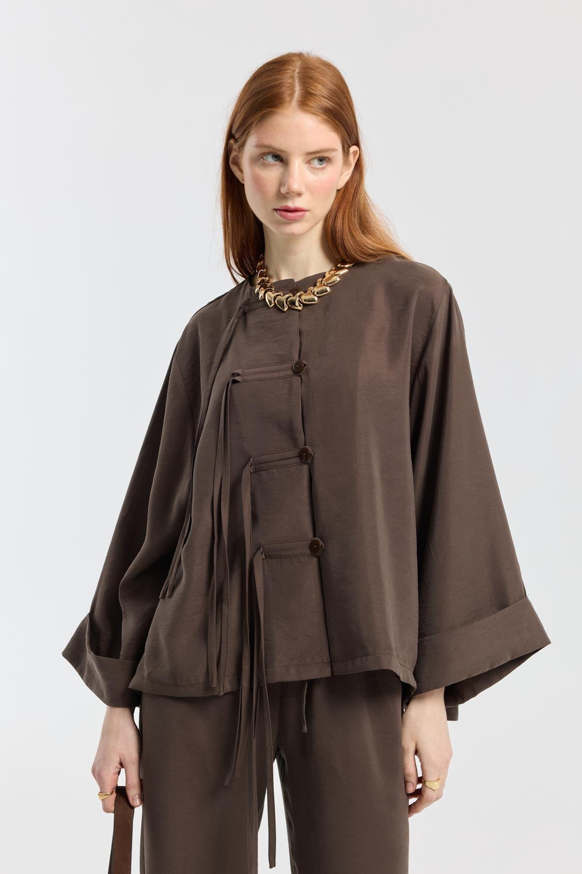 Suzan Britt Düğme Kapamalı Modal Takım  - Kahve