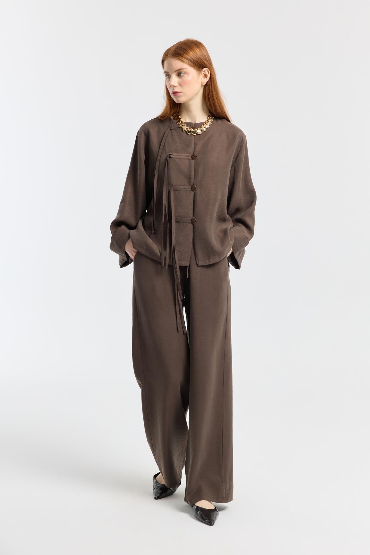 Suzan Britt Düğme Kapamalı Modal Takım  - Kahve