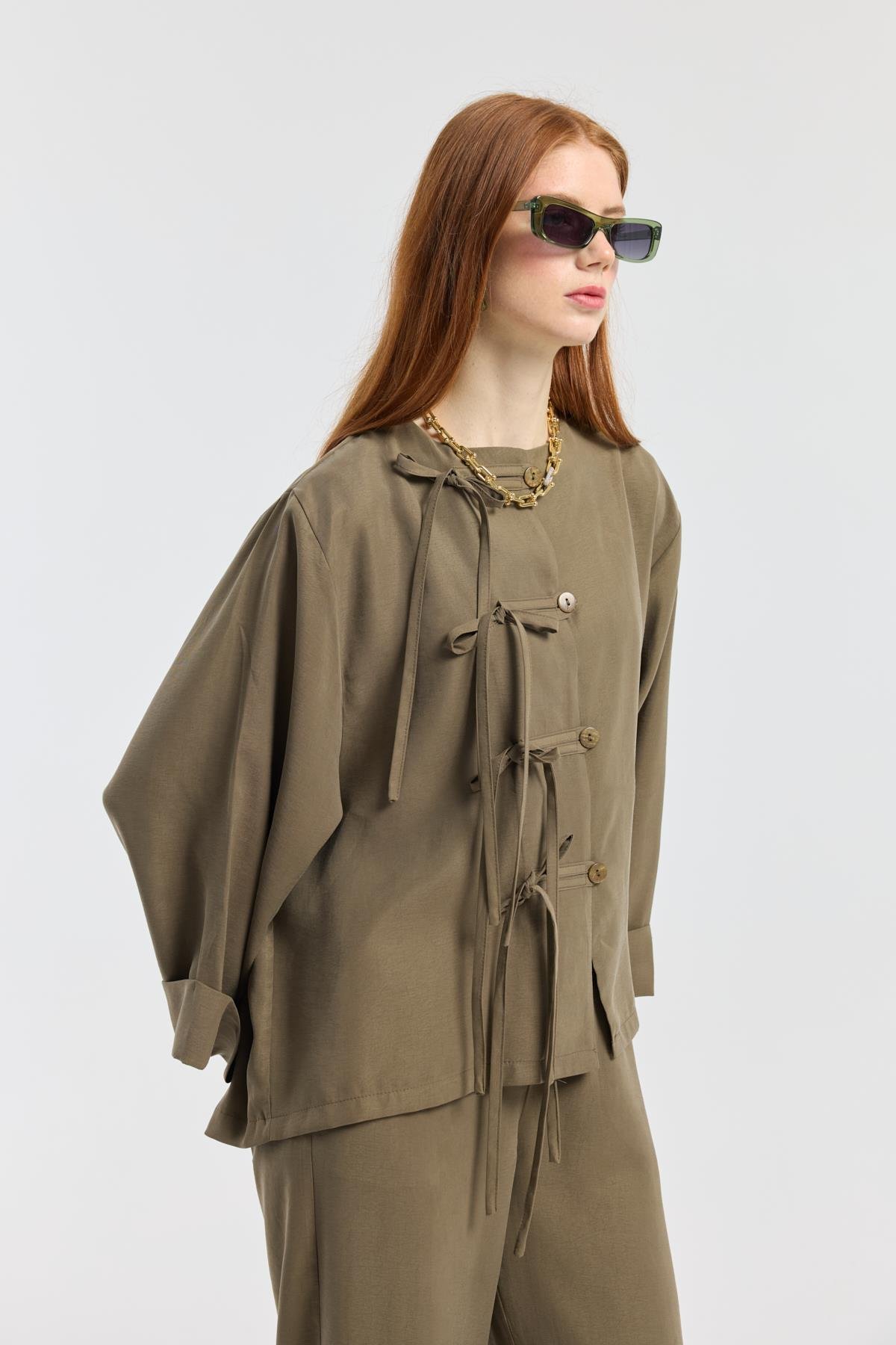 Suzan Britt Düğme Kapamalı Modal Takım - Haki 