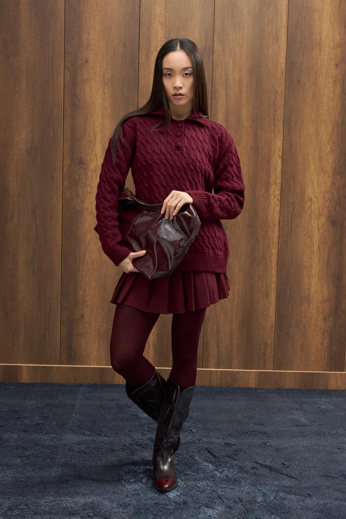 Theo Polo Yaka Saç Örgülü Kazak - Bordo 