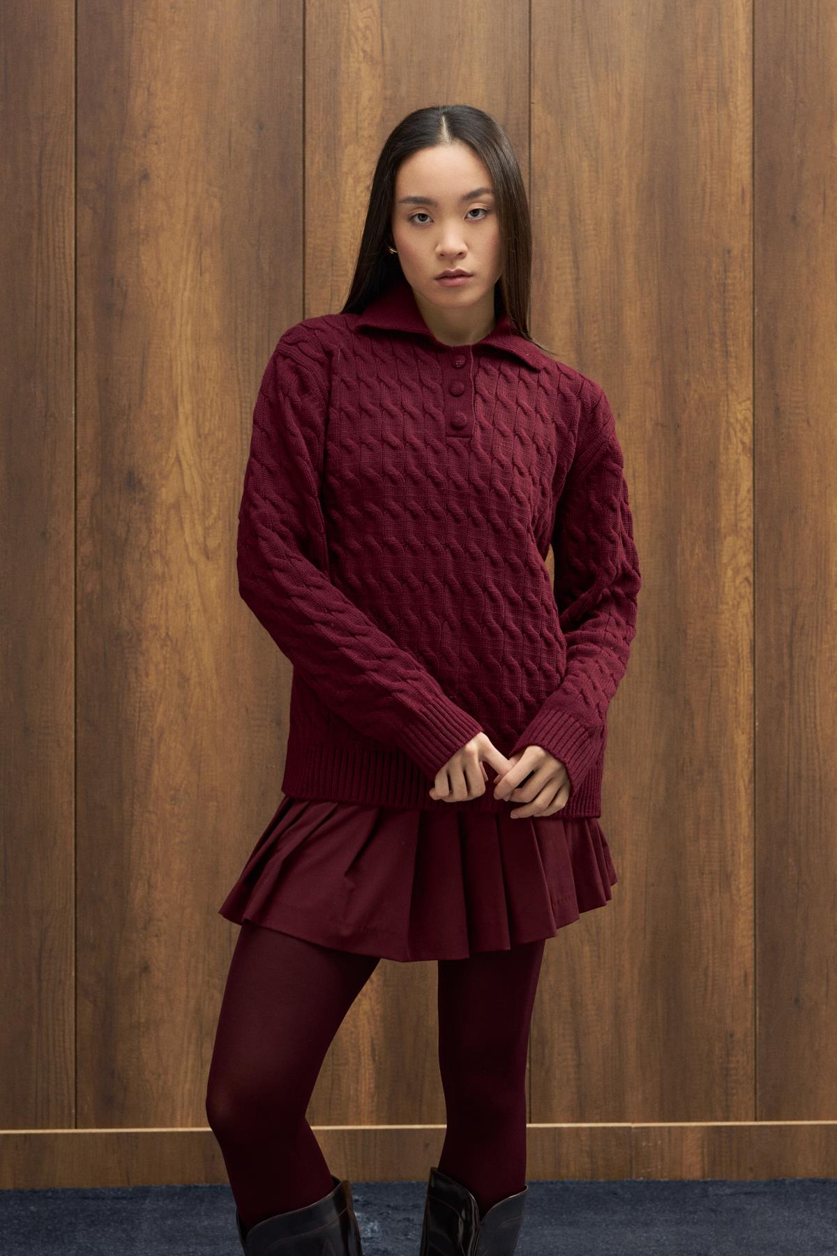 Theo Polo Yaka Saç Örgülü Kazak - Bordo 