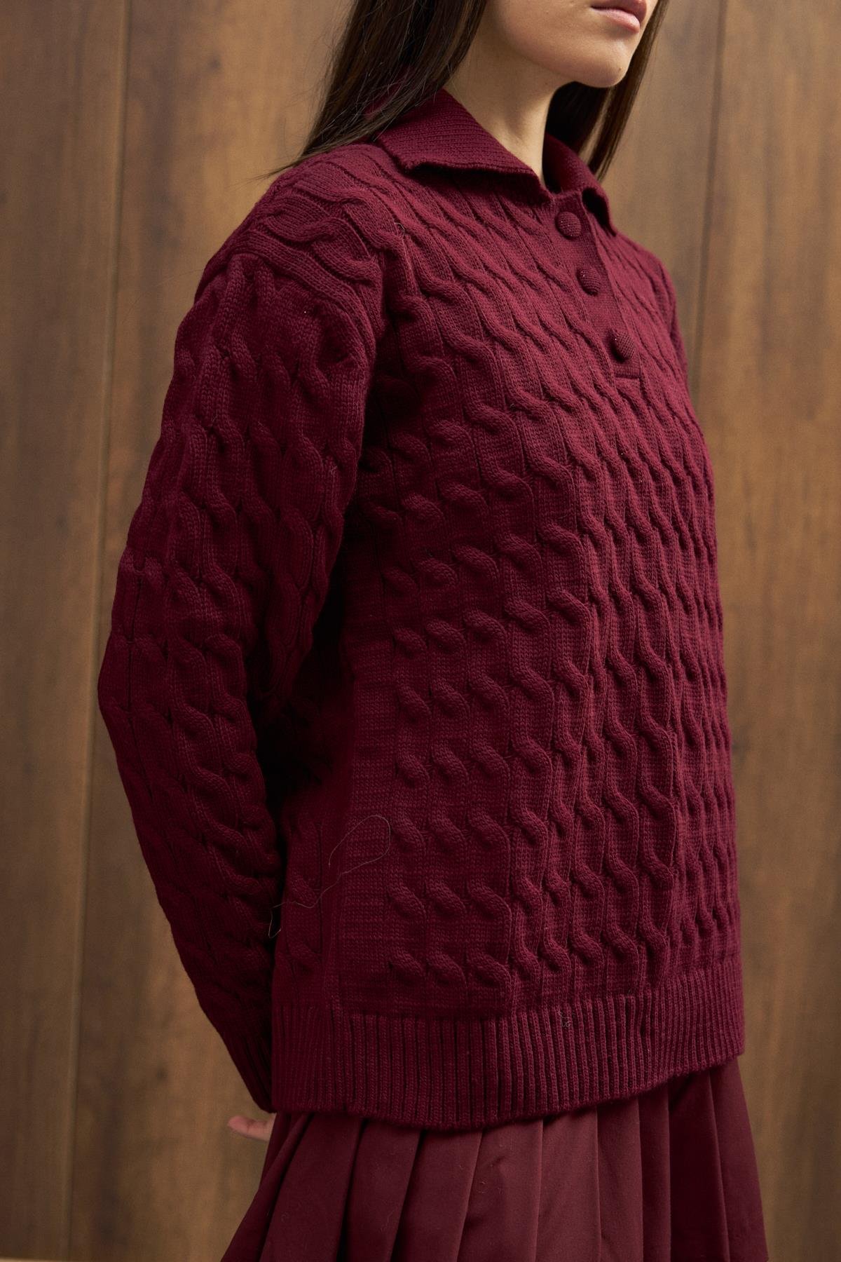 Theo Polo Yaka Saç Örgülü Kazak - Bordo 