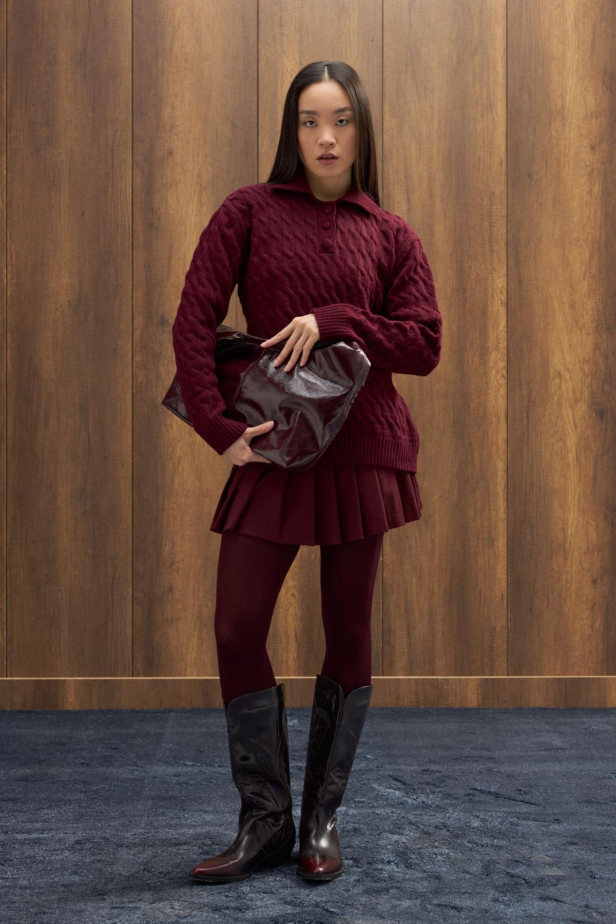 Theo Polo Yaka Saç Örgülü Kazak - Bordo 