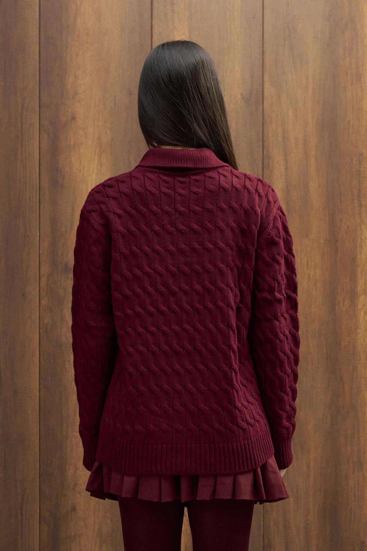 Theo Polo Yaka Saç Örgülü Kazak - Bordo 