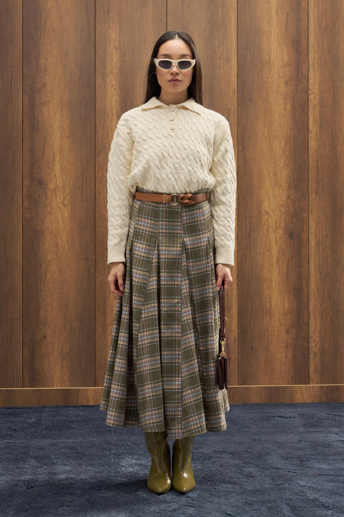 Theo Polo Yaka Saç Örgülü Kazak - Ekru 