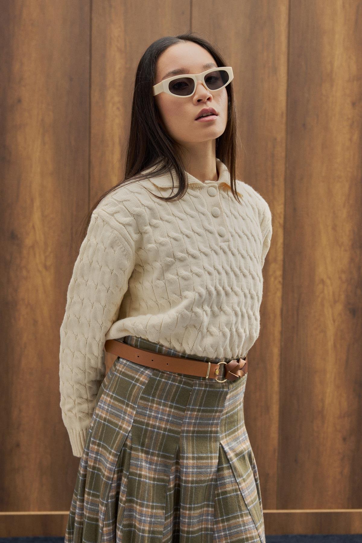 Theo Polo Yaka Saç Örgülü Kazak - Ekru 