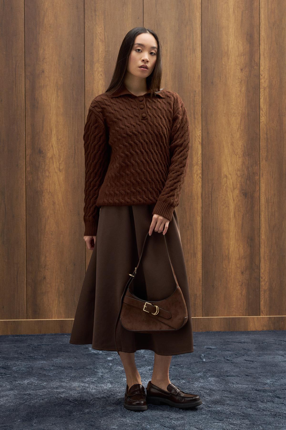 Theo Polo Yaka Saç Örgülü Kazak - Kahverengi 