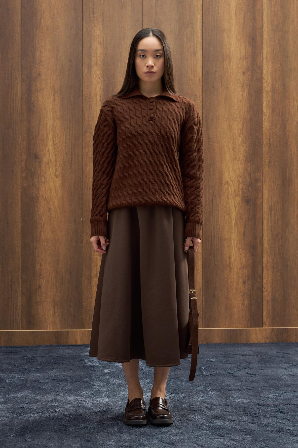 Theo Polo Yaka Saç Örgülü Kazak - Kahverengi 