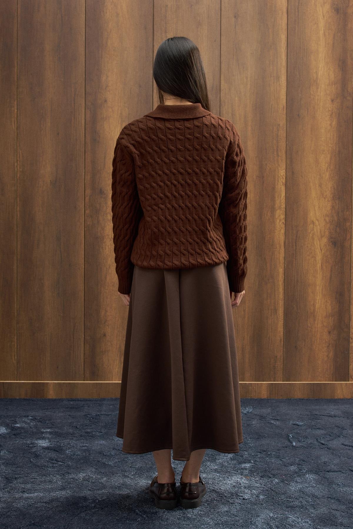 Theo Polo Yaka Saç Örgülü Kazak - Kahverengi 