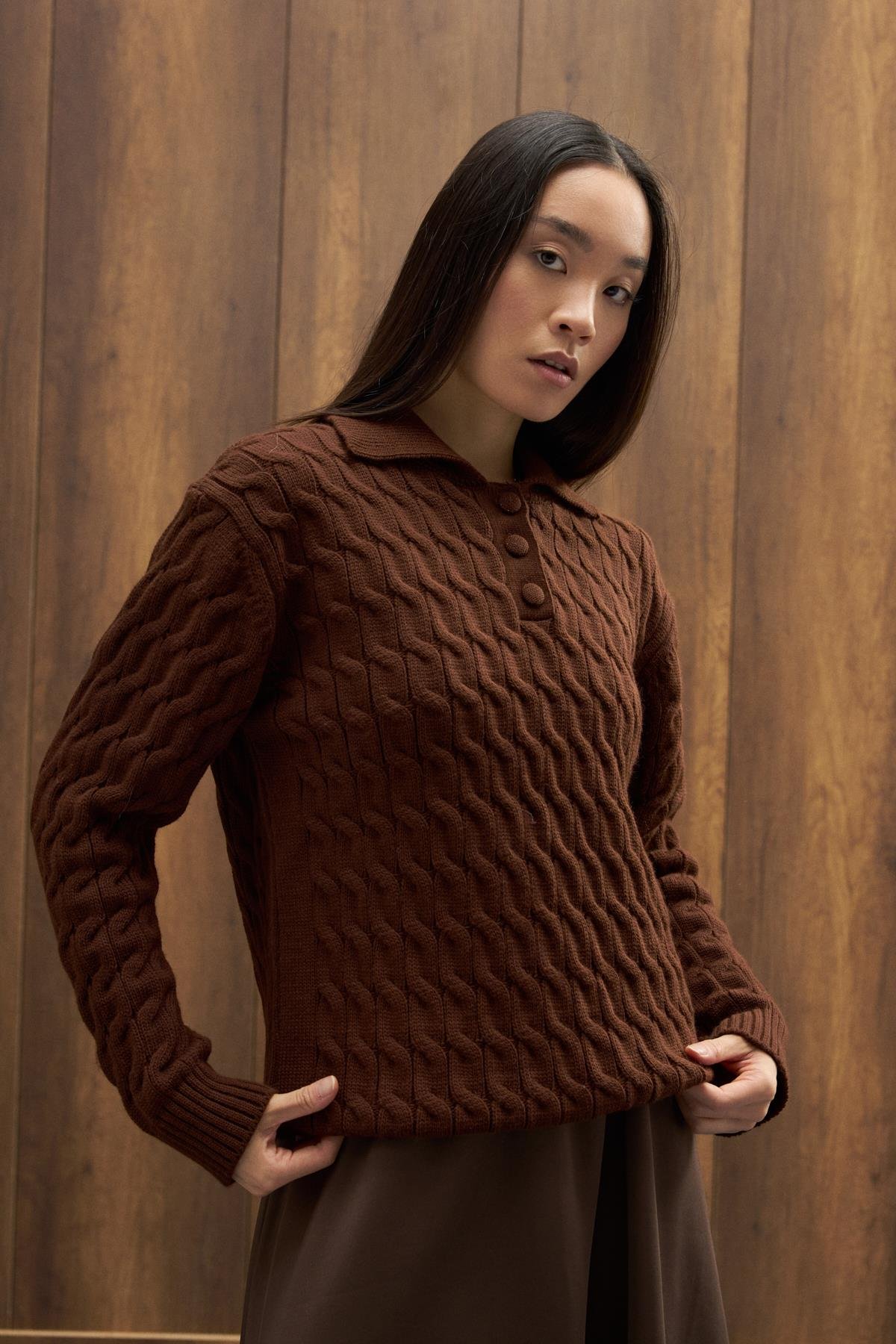 Theo Polo Yaka Saç Örgülü Kazak - Kahverengi 