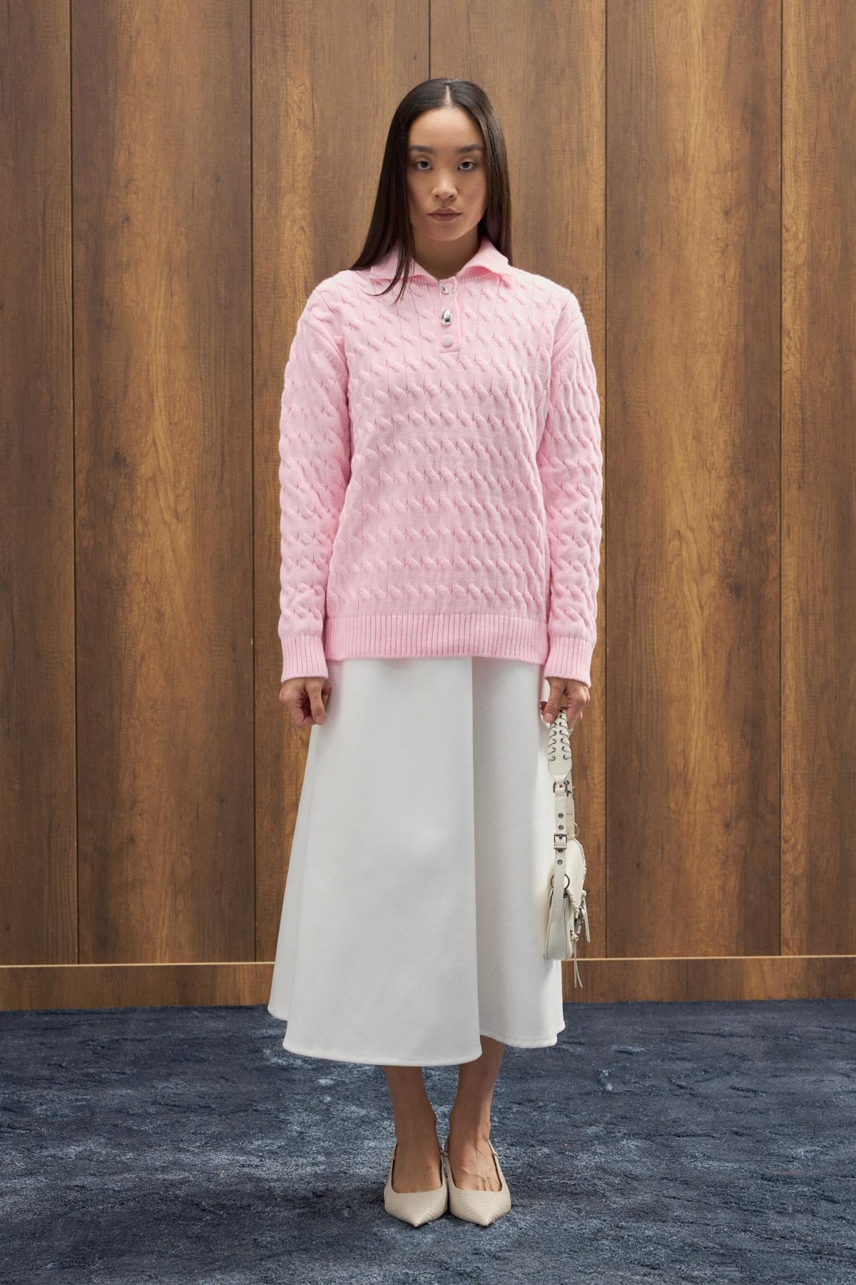 Theo Polo Yaka Saç Örgülü Kazak - Pembe