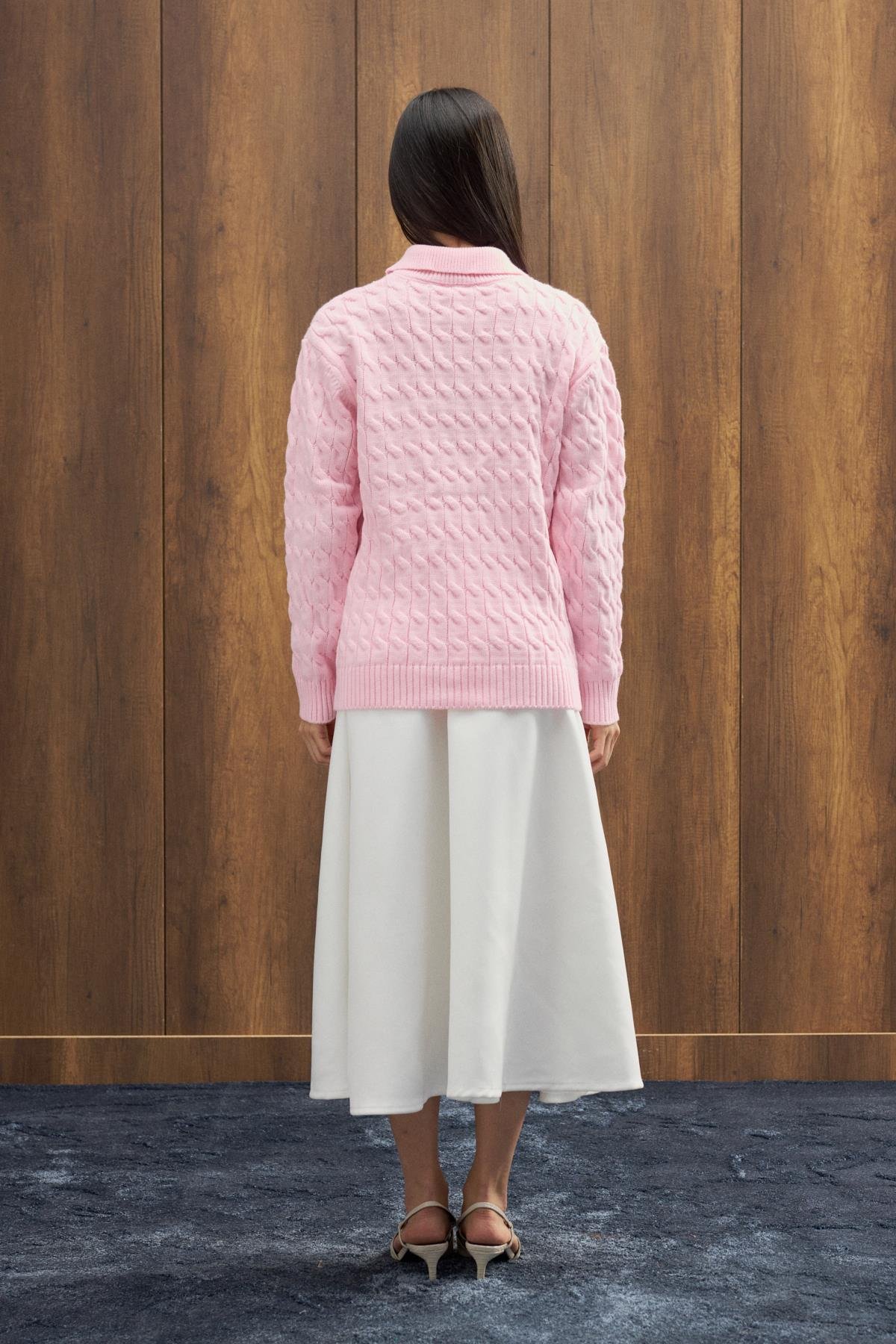 Theo Polo Yaka Saç Örgülü Kazak - Pembe