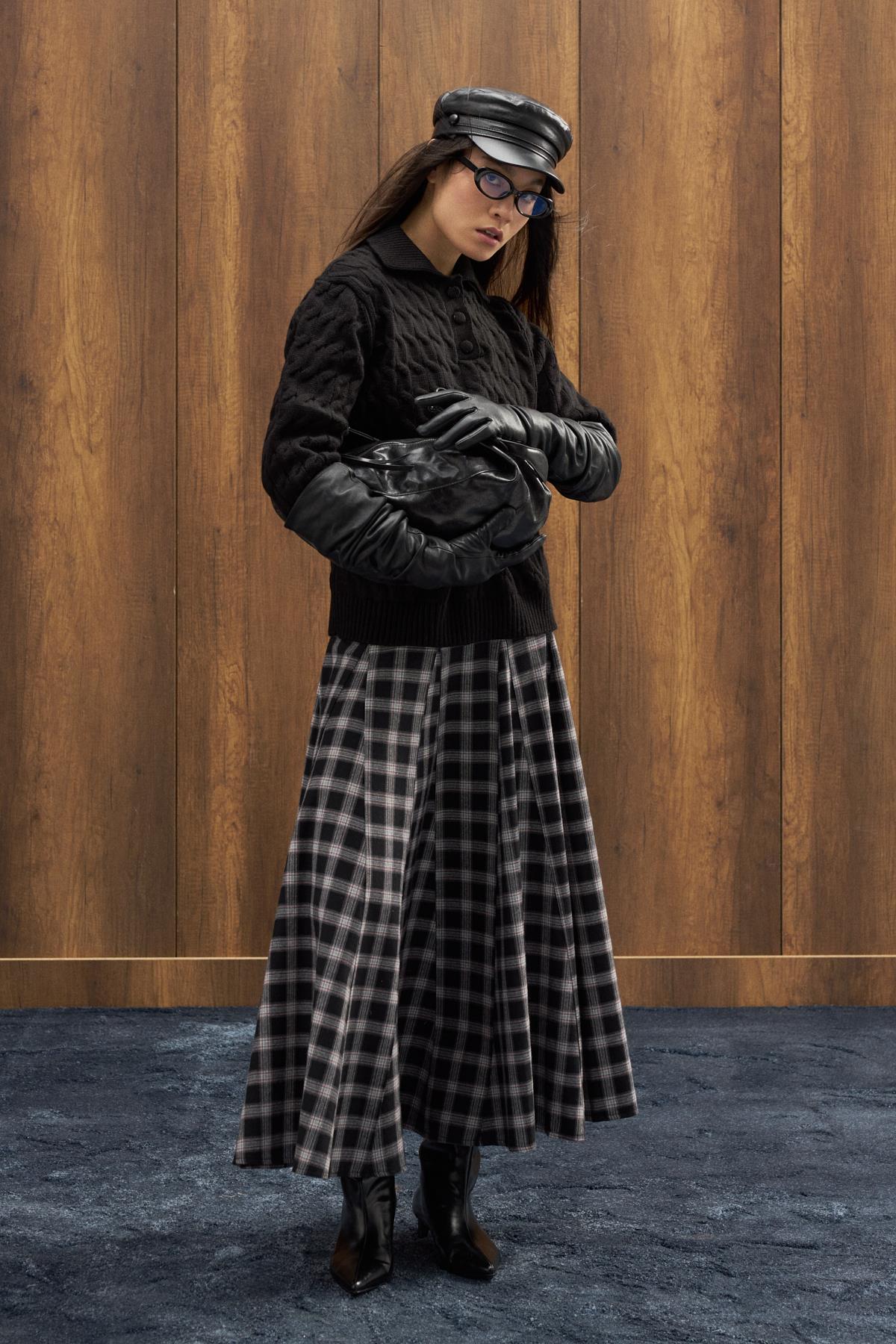 Theo Polo Yaka Saç Örgülü Kazak - Siyah