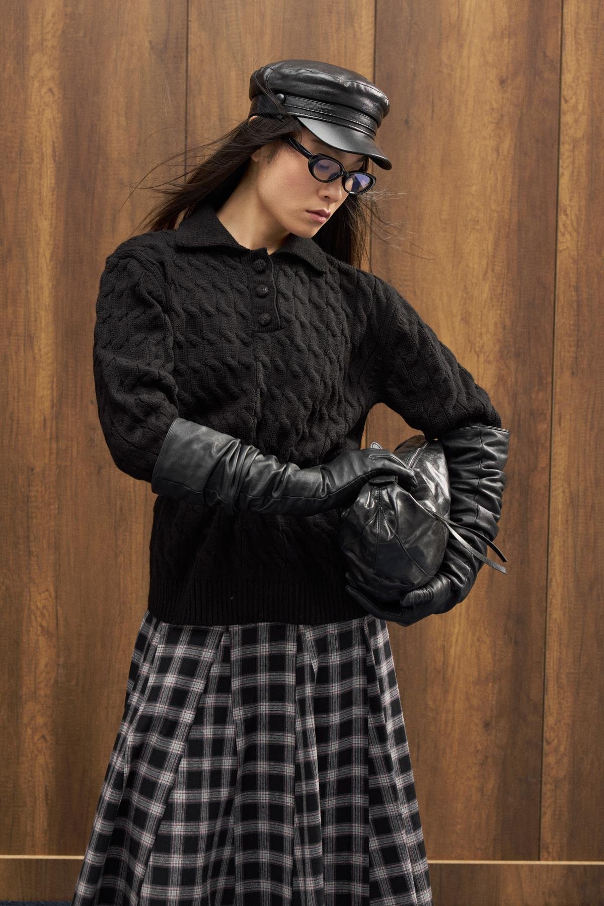 Theo Polo Yaka Saç Örgülü Kazak - Siyah