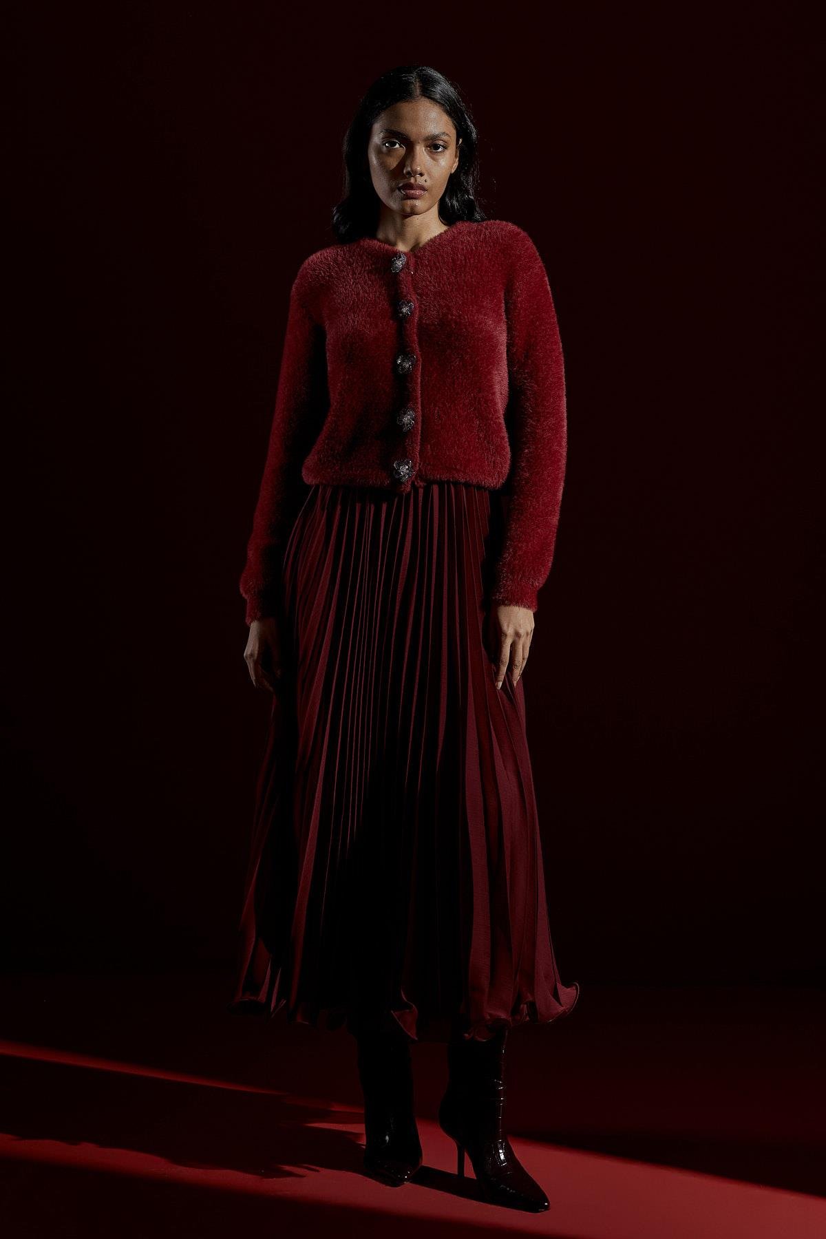 Tiana Maxi Boy Şifon Piliseli Etek- Bordo