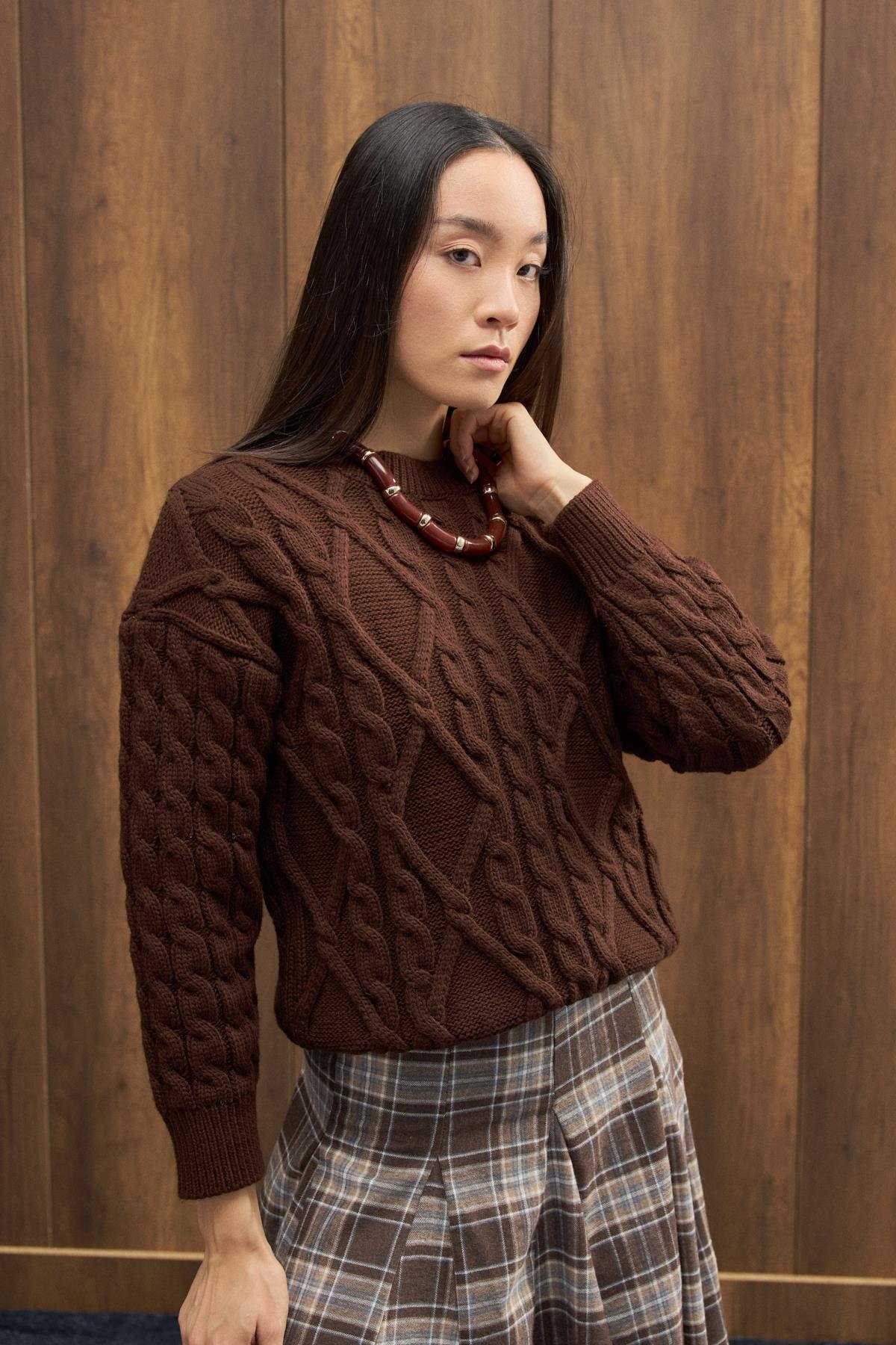 Tory Saç Örgülü Basic Kazak - Acı kahve 