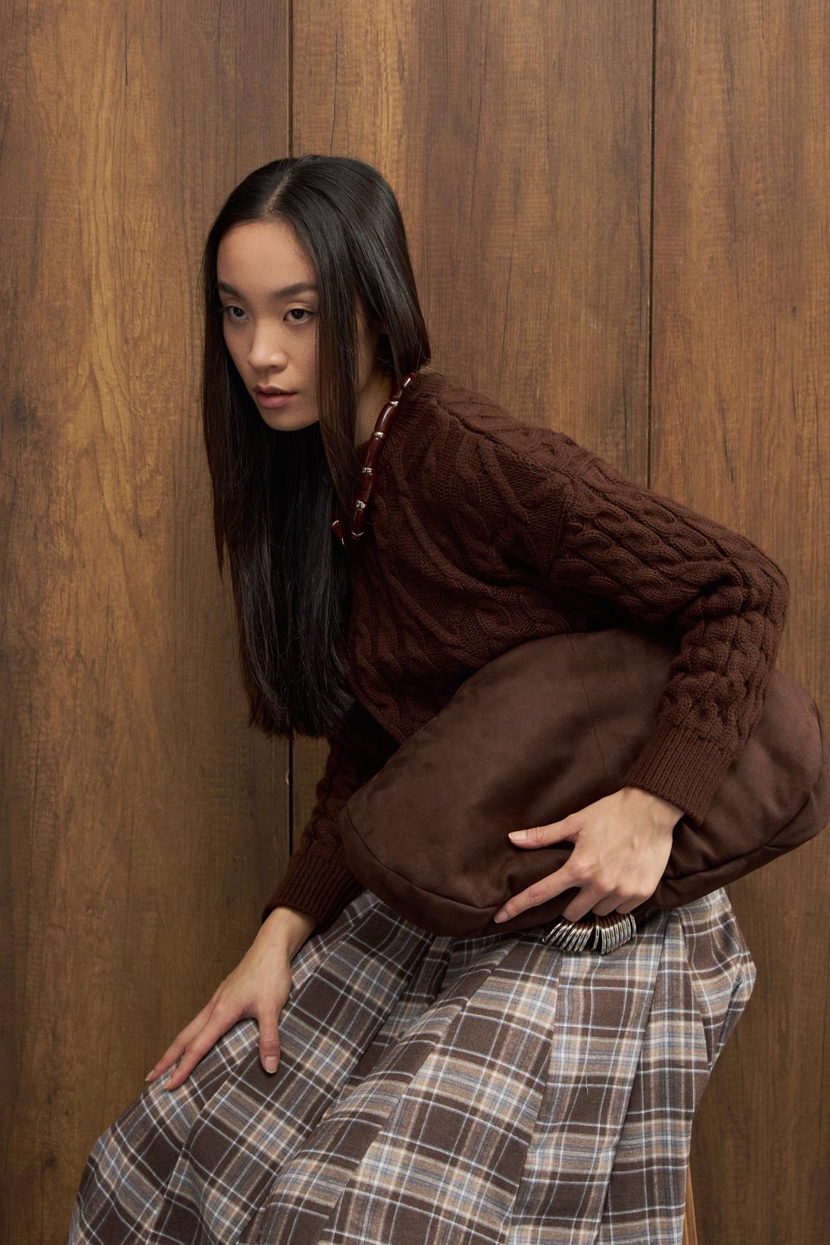 Tory Saç Örgülü Basic Kazak - Acı kahve 