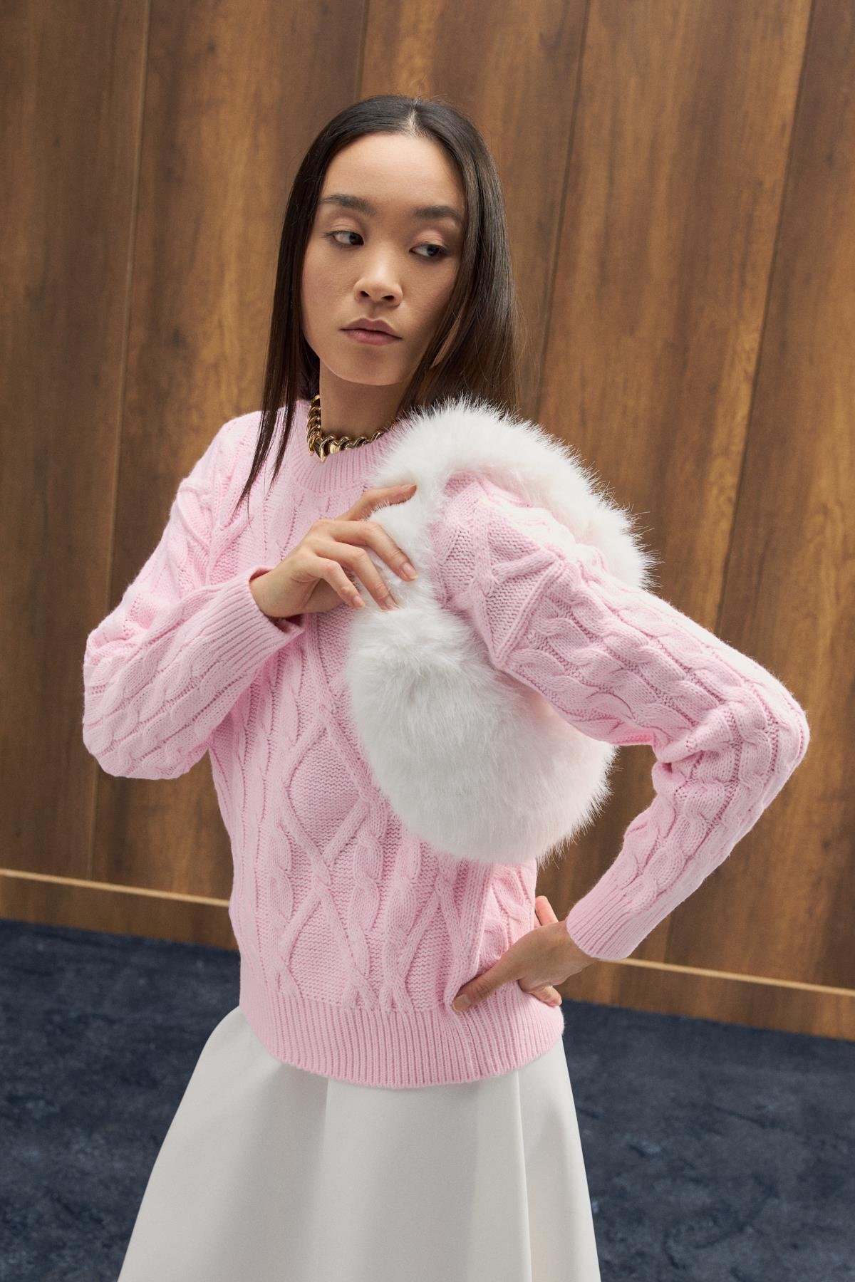 Tory Saç Örgülü Basic Kazak - Pembe