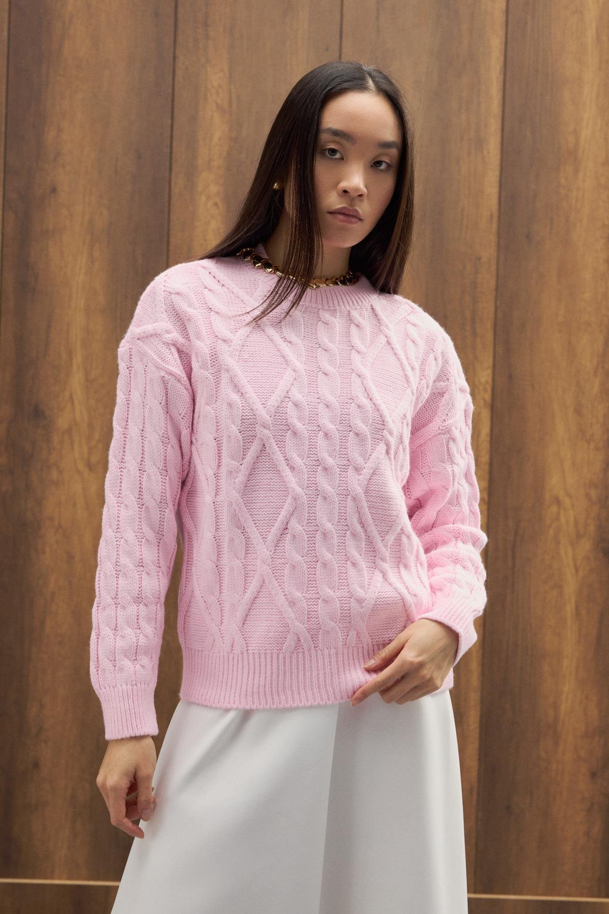 Tory Saç Örgülü Basic Kazak - Pembe