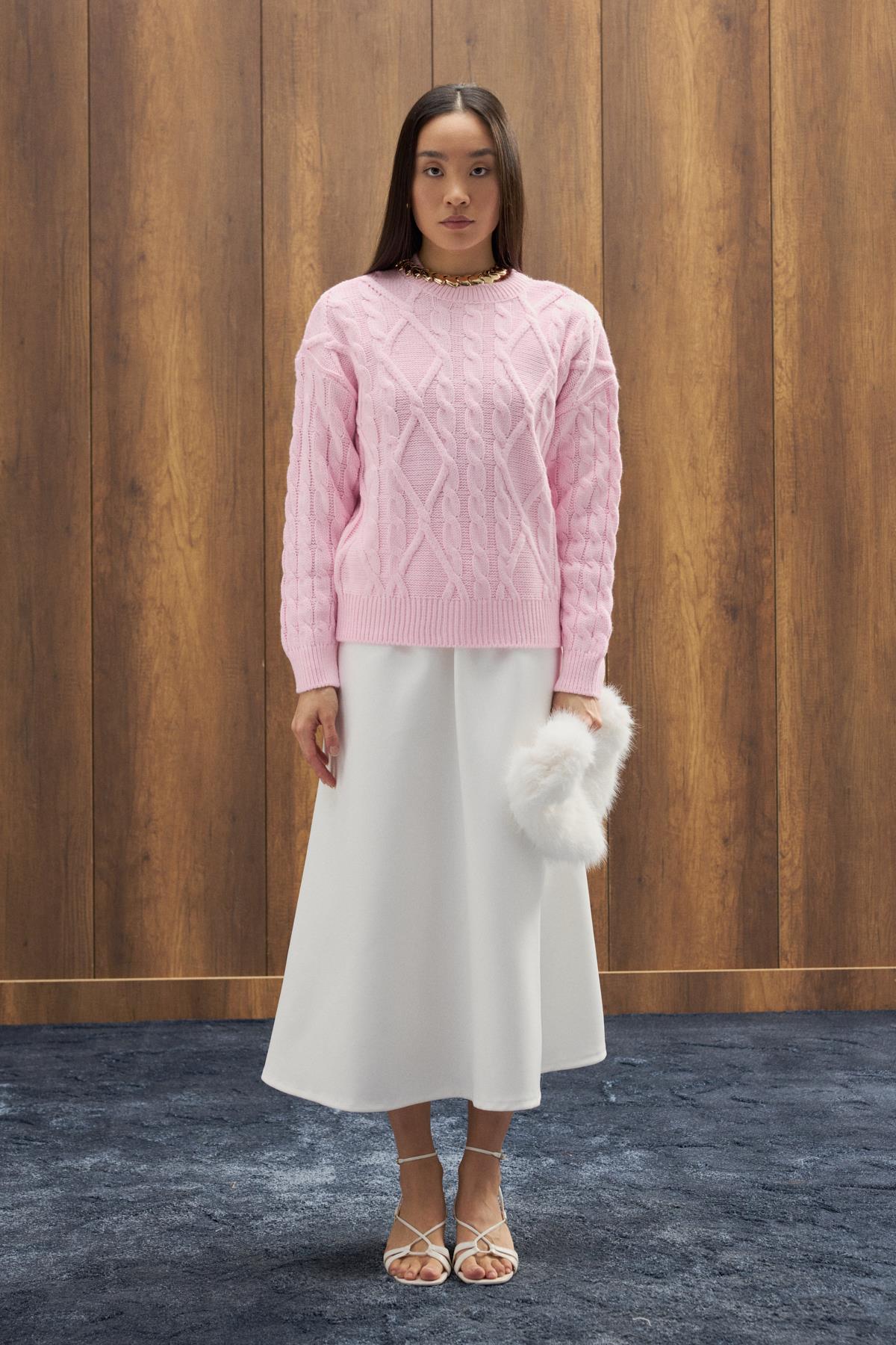 Tory Saç Örgülü Basic Kazak - Pembe