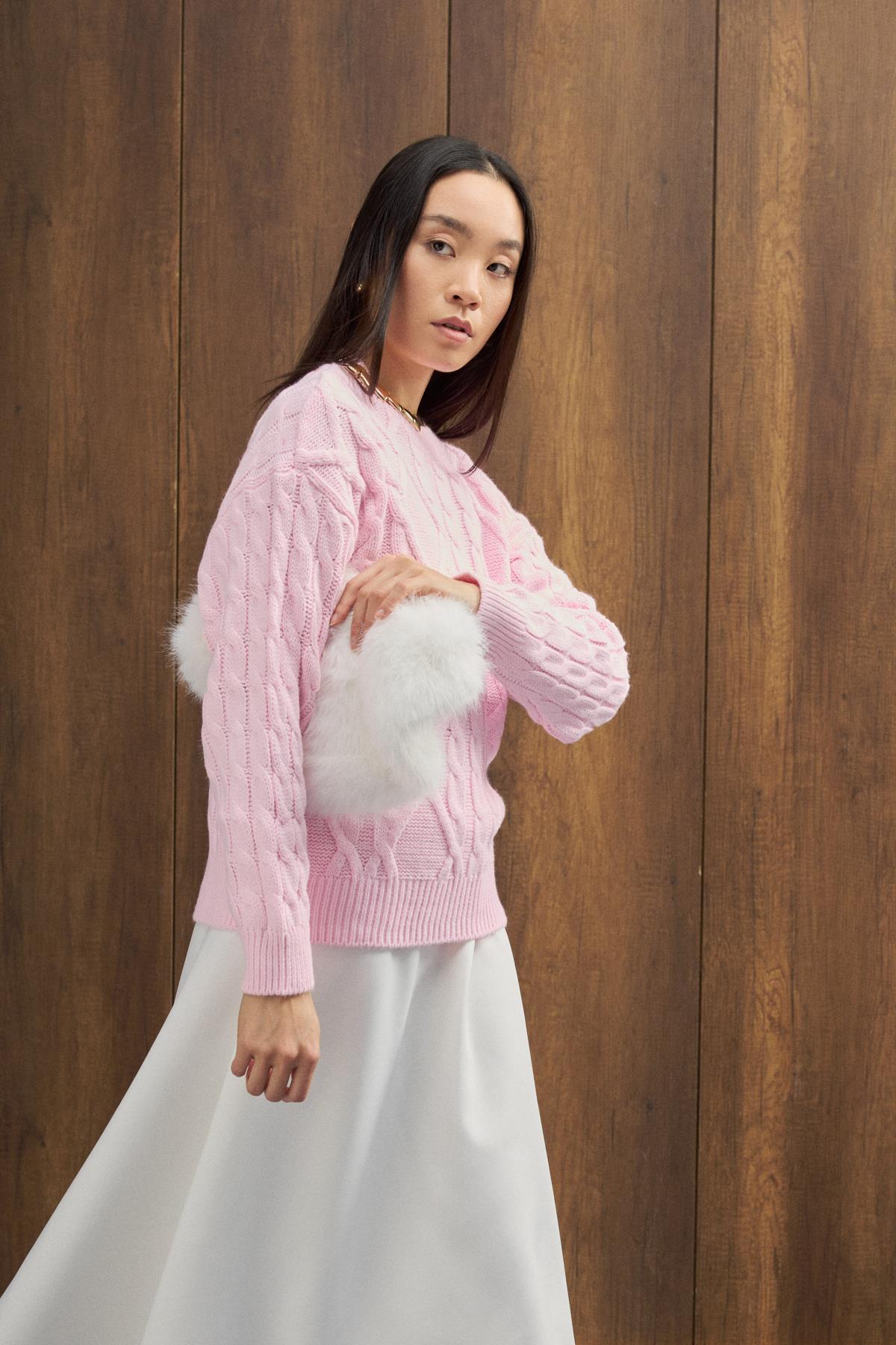 Tory Saç Örgülü Basic Kazak - Pembe