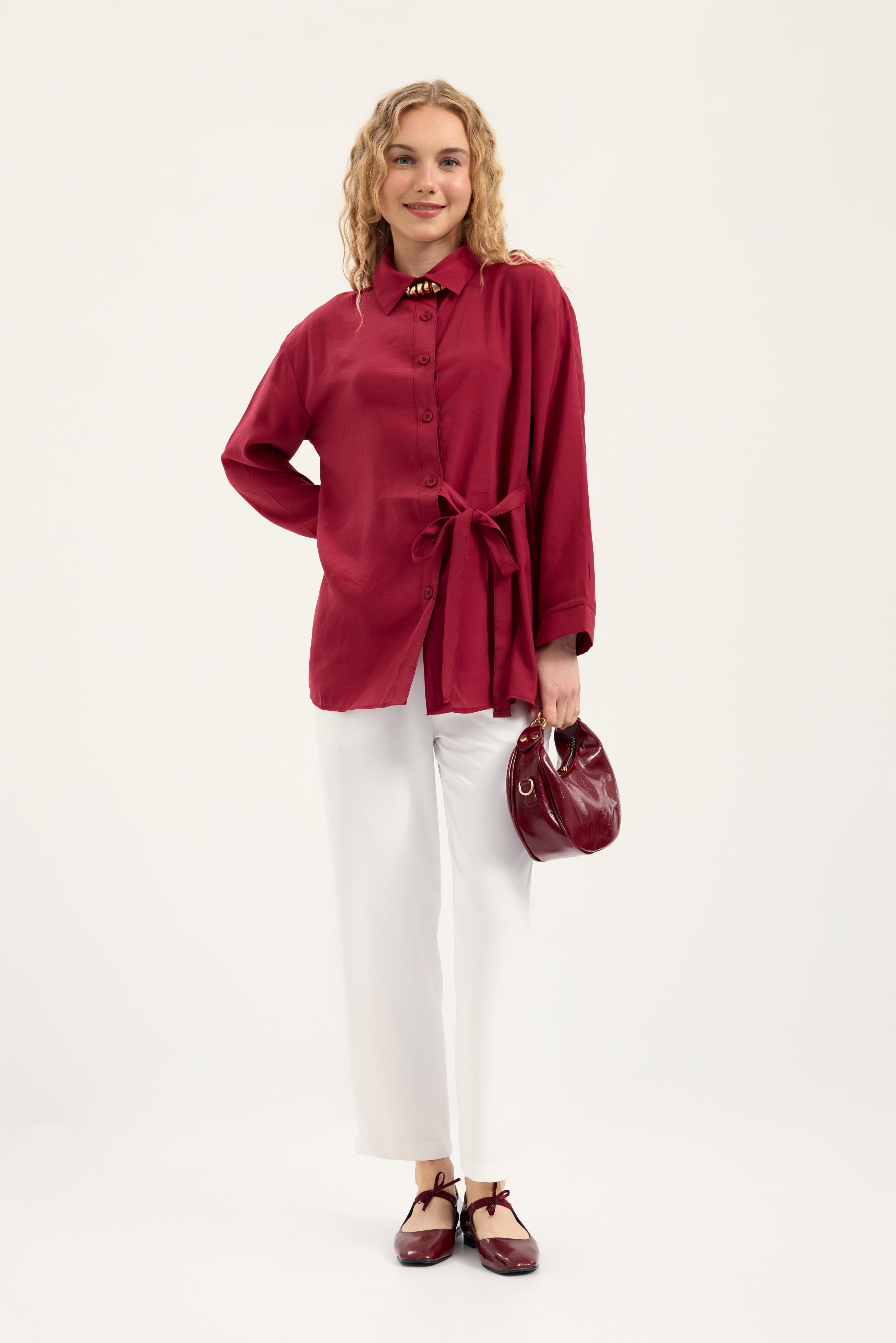 Twıla Bağcıklı Modal Gömlek - Bordo
