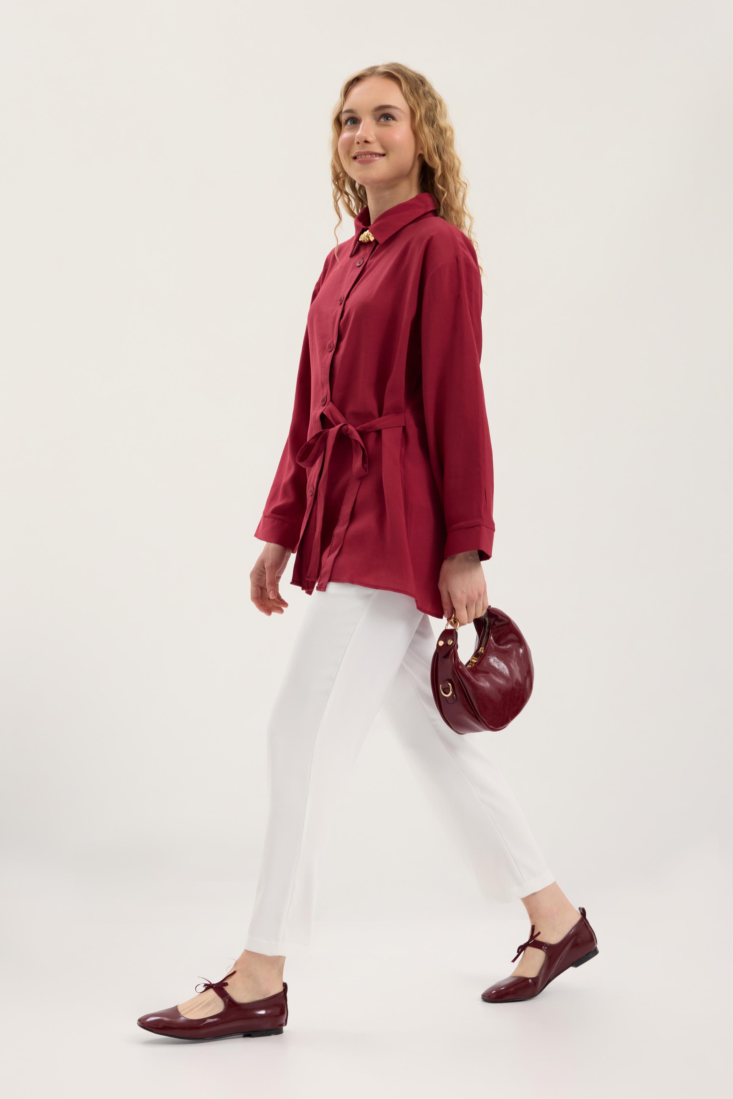 Twıla Bağcıklı Modal Gömlek - Bordo