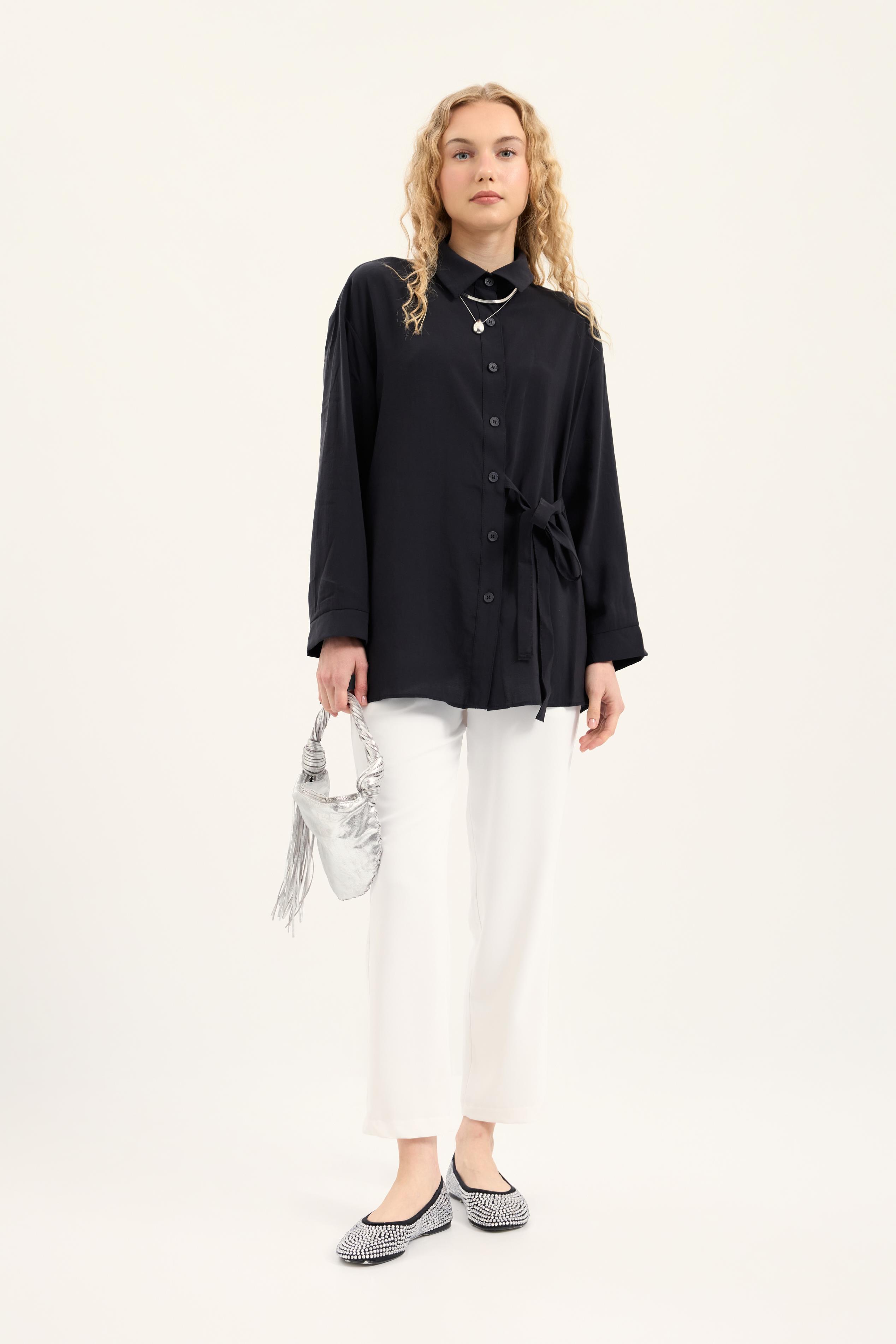 Twıla Bağcıklı Modal Gömlek - Siyah