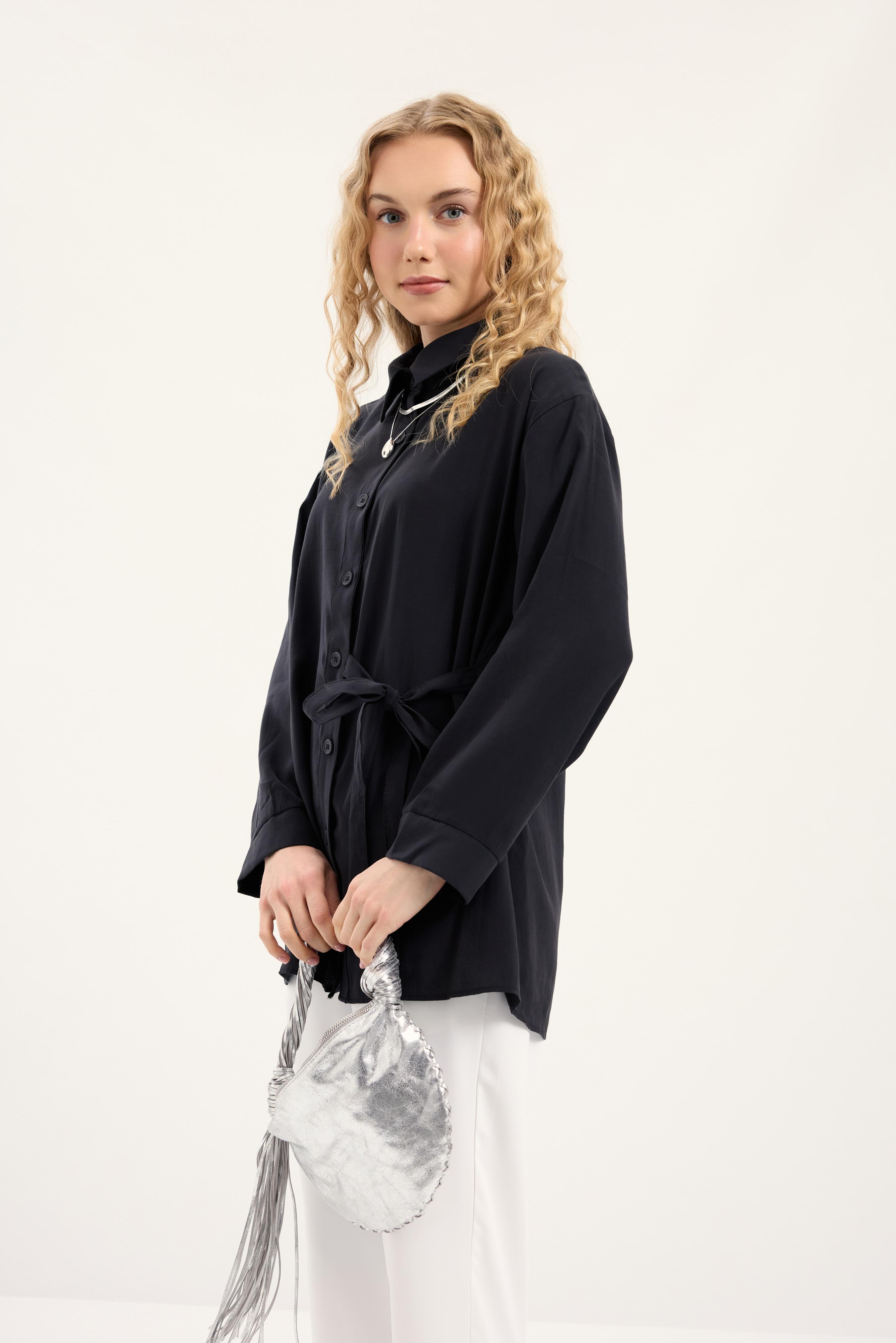 Twıla Bağcıklı Modal Gömlek - Siyah