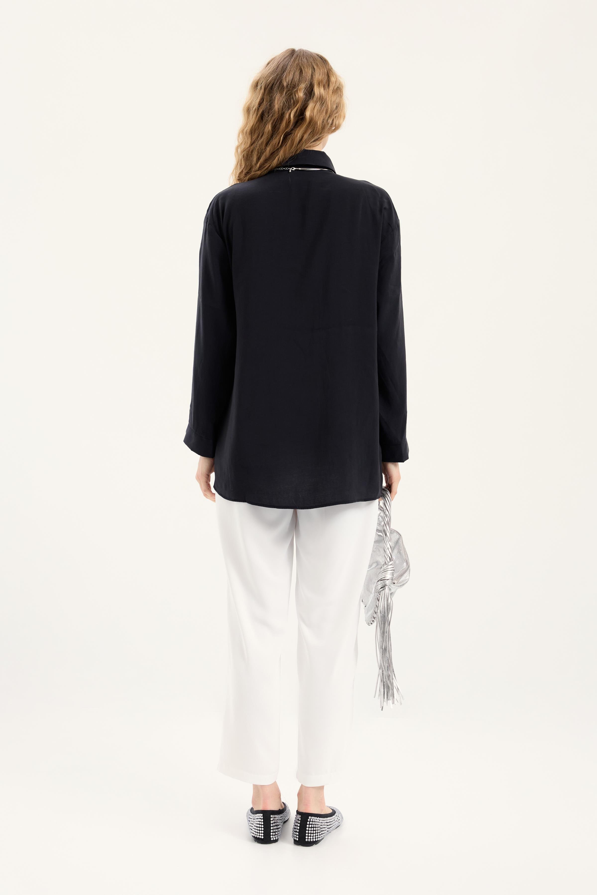 Twıla Bağcıklı Modal Gömlek - Siyah