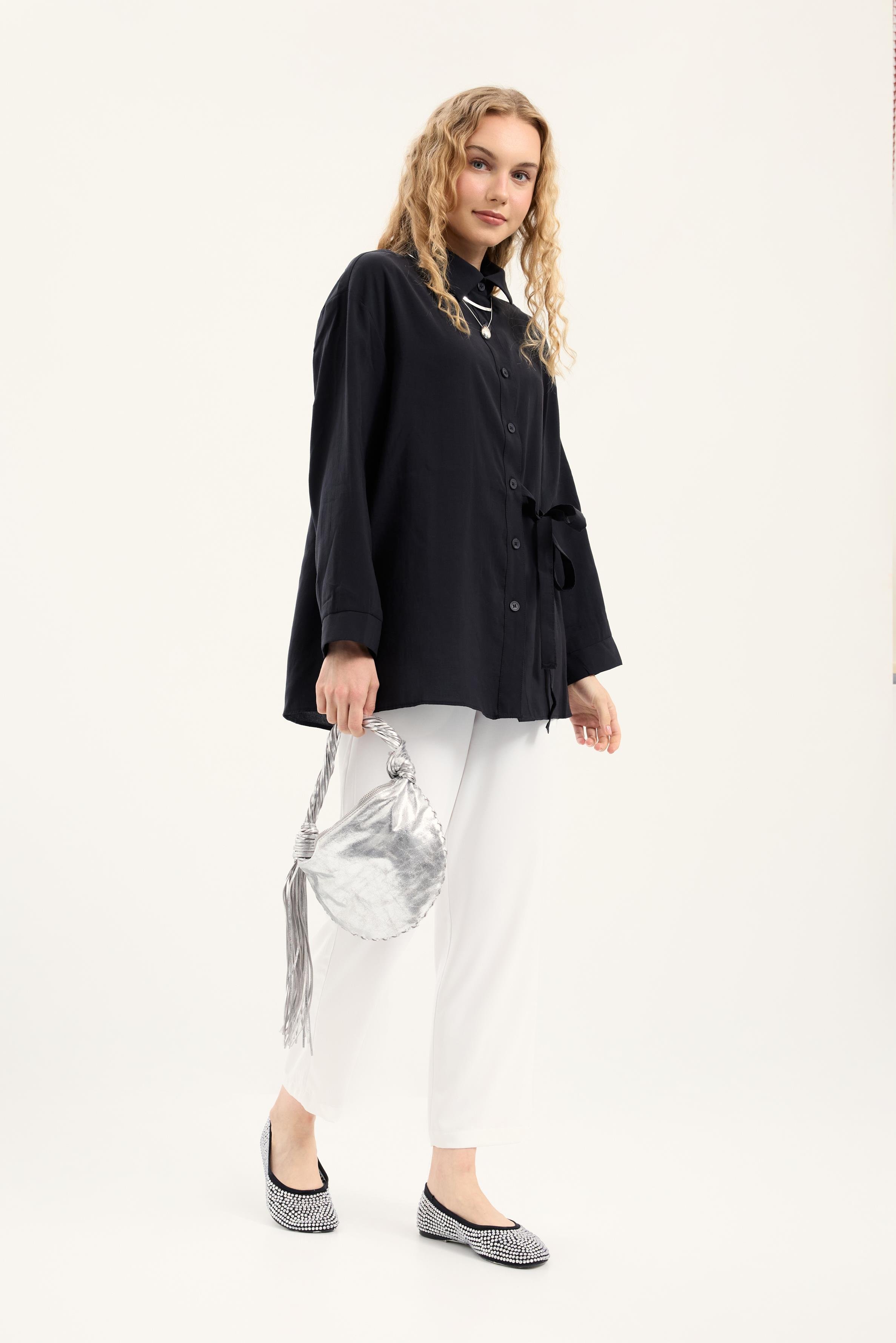 Twıla Bağcıklı Modal Gömlek - Siyah